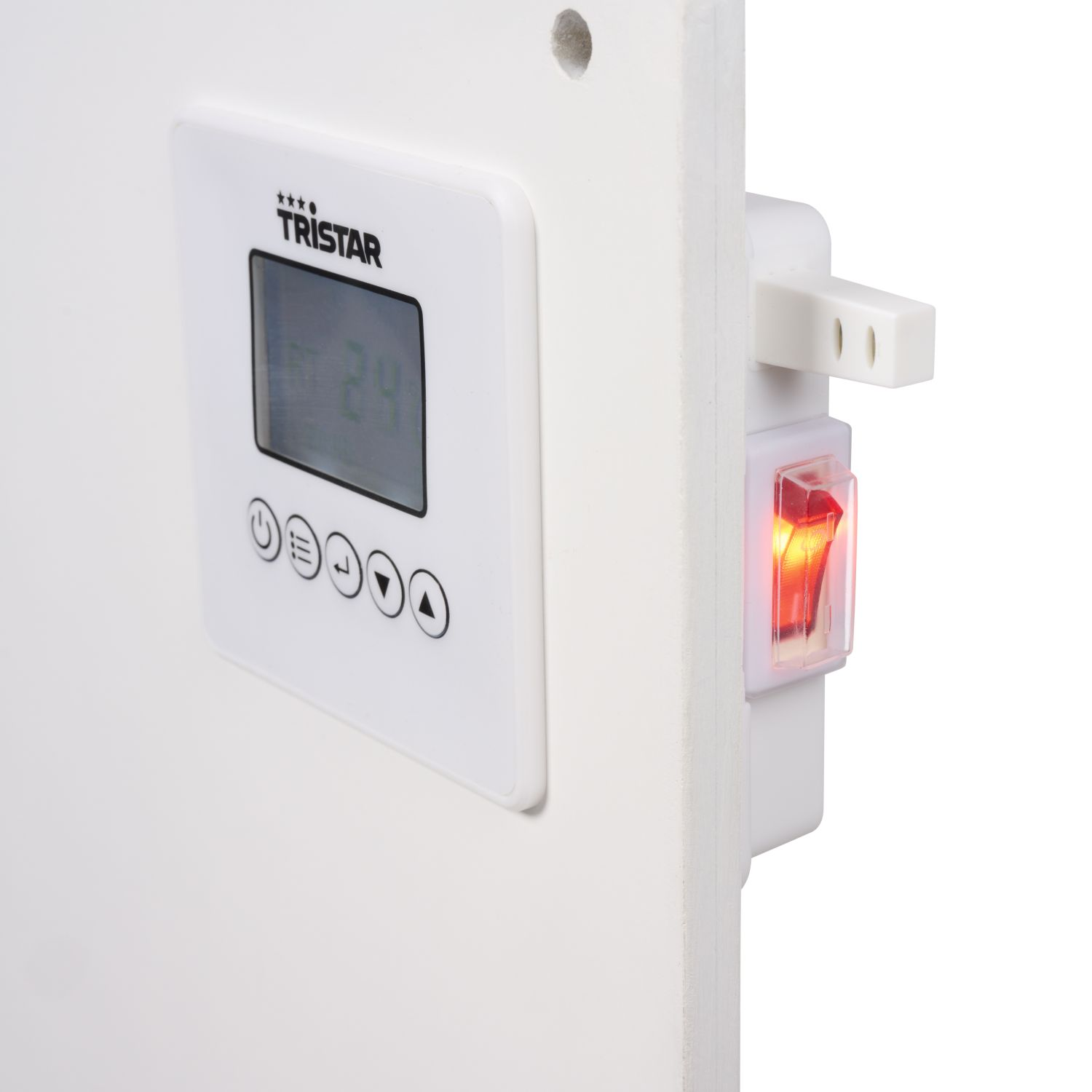 White control panel with digital display and buttons, with red illuminated switch.