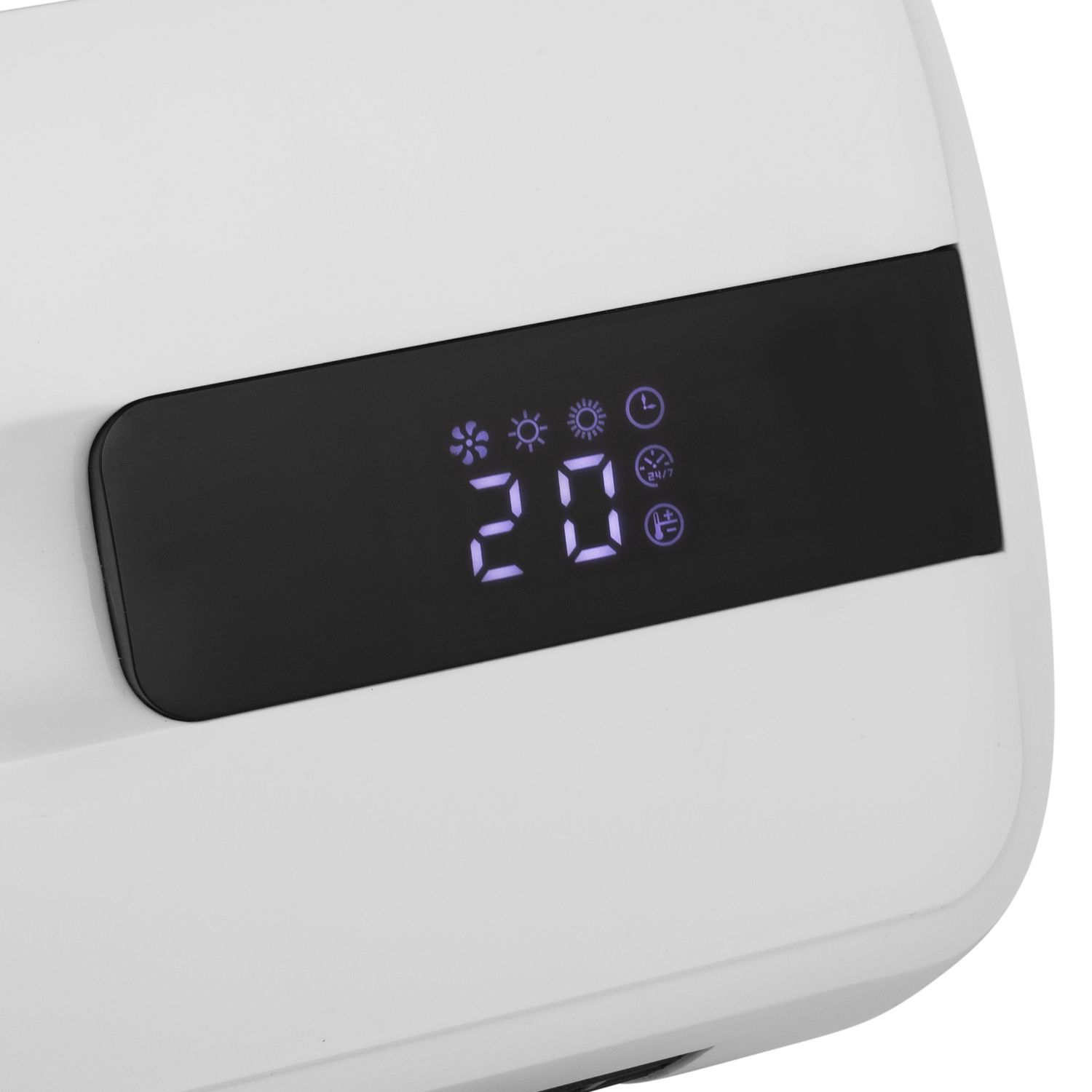 White device with a black digital display showing numbers and icons. It is close-up.