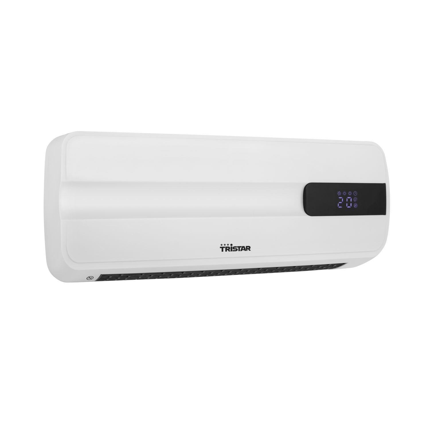 A white wall-mounted heater with a digital display showing the temperature.
