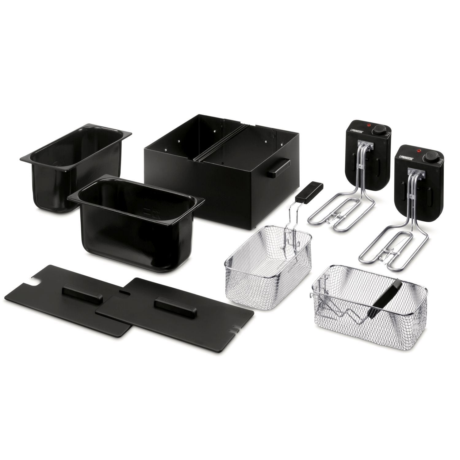 Frittierteile, schwarz. Enthält Behälter, Körbe, Deckel und Heizelemente.