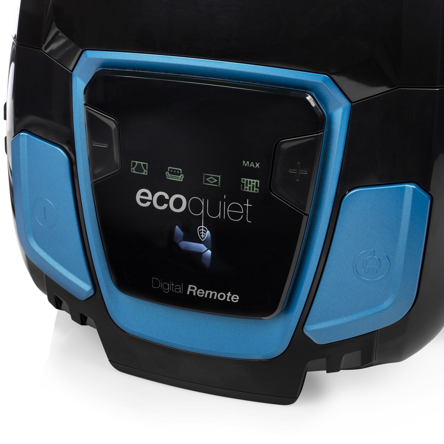 Primo piano di un pannello display di un aspirapolvere nero e blu con pulsanti e la parola ecoquiet.