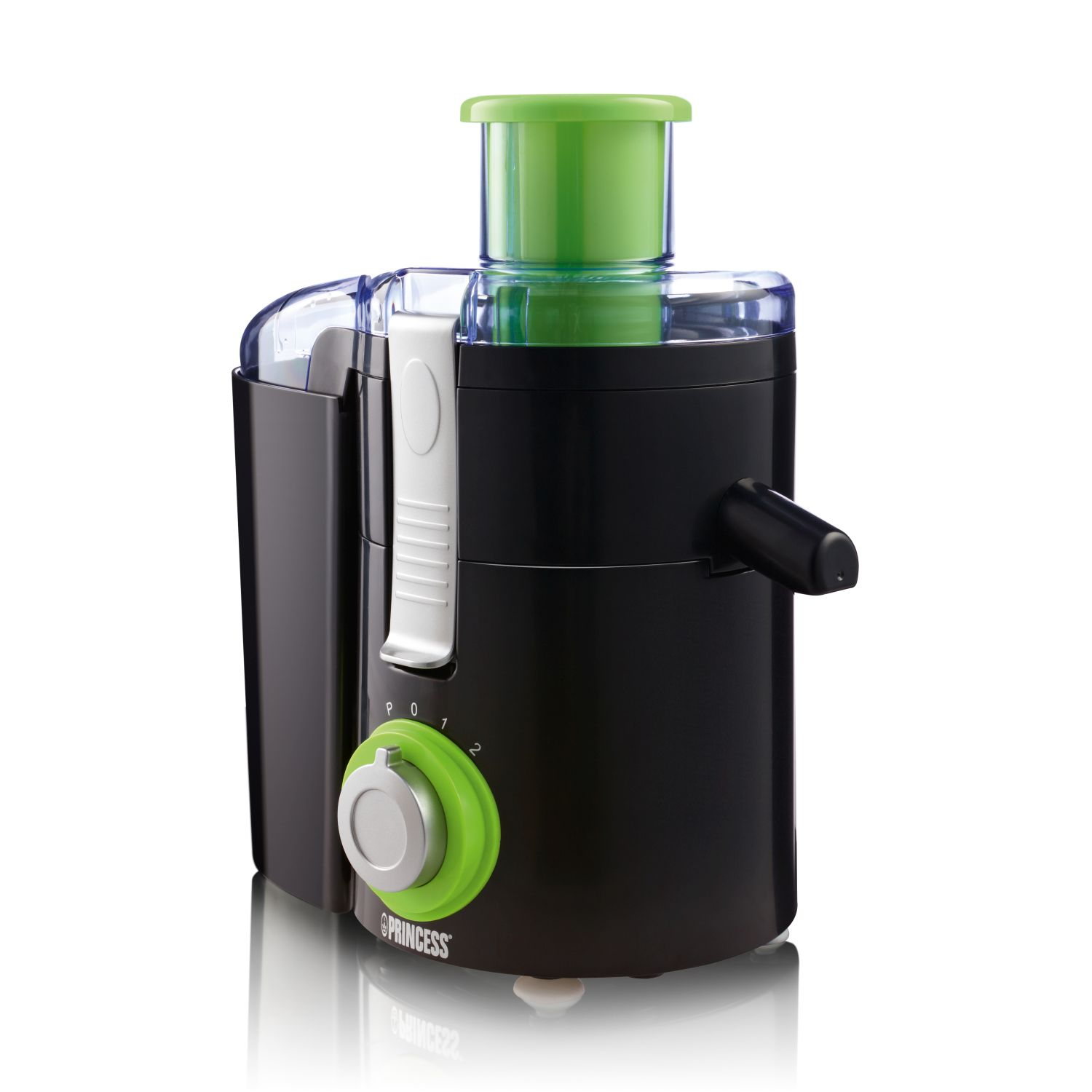 Exprimidor negro y verde sobre fondo blanco. Tiene tapa verde y dial con números.