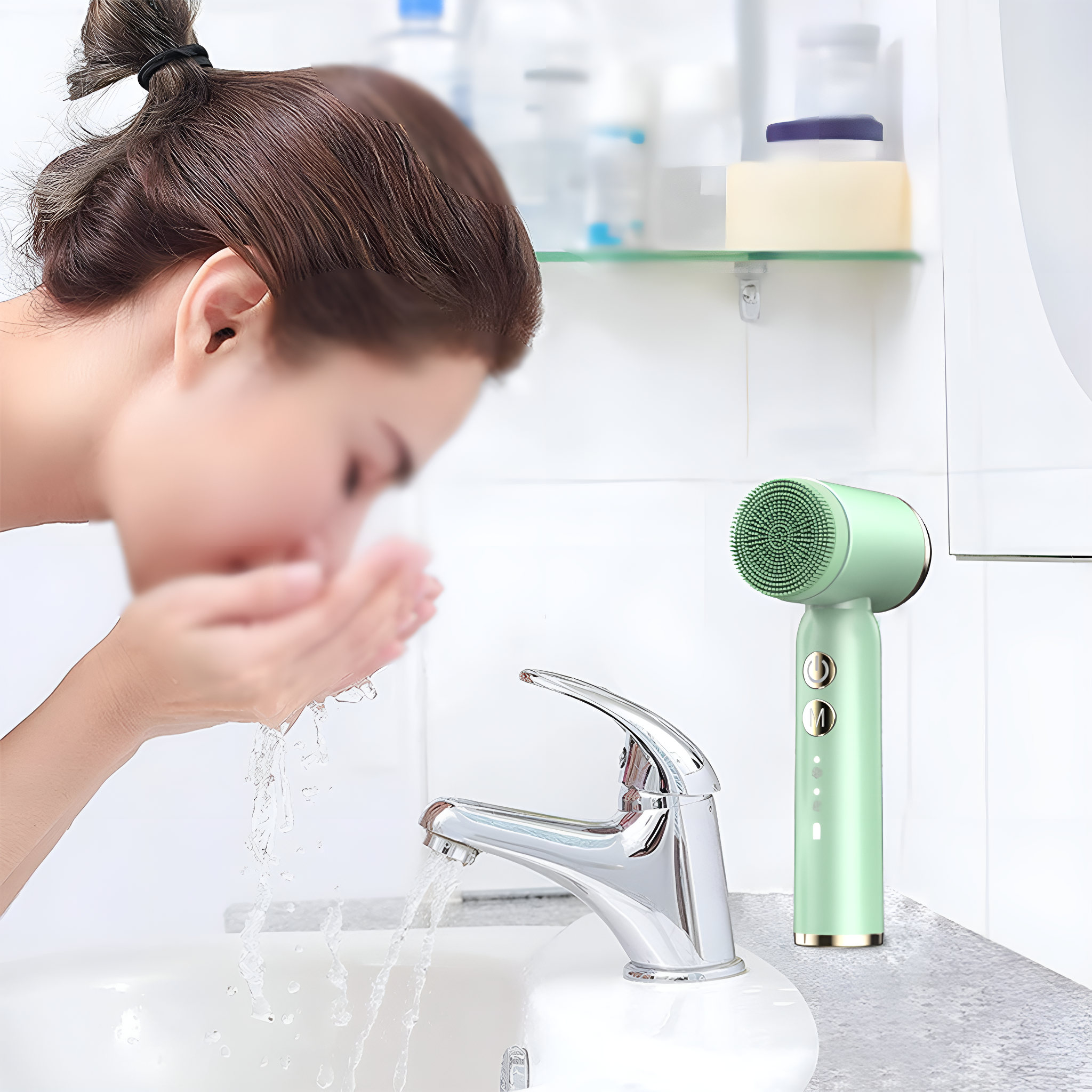 Frau wäscht sich das Gesicht an einem Waschbecken mit grüner Gesichtsbürste neben dem Wasserhahn.