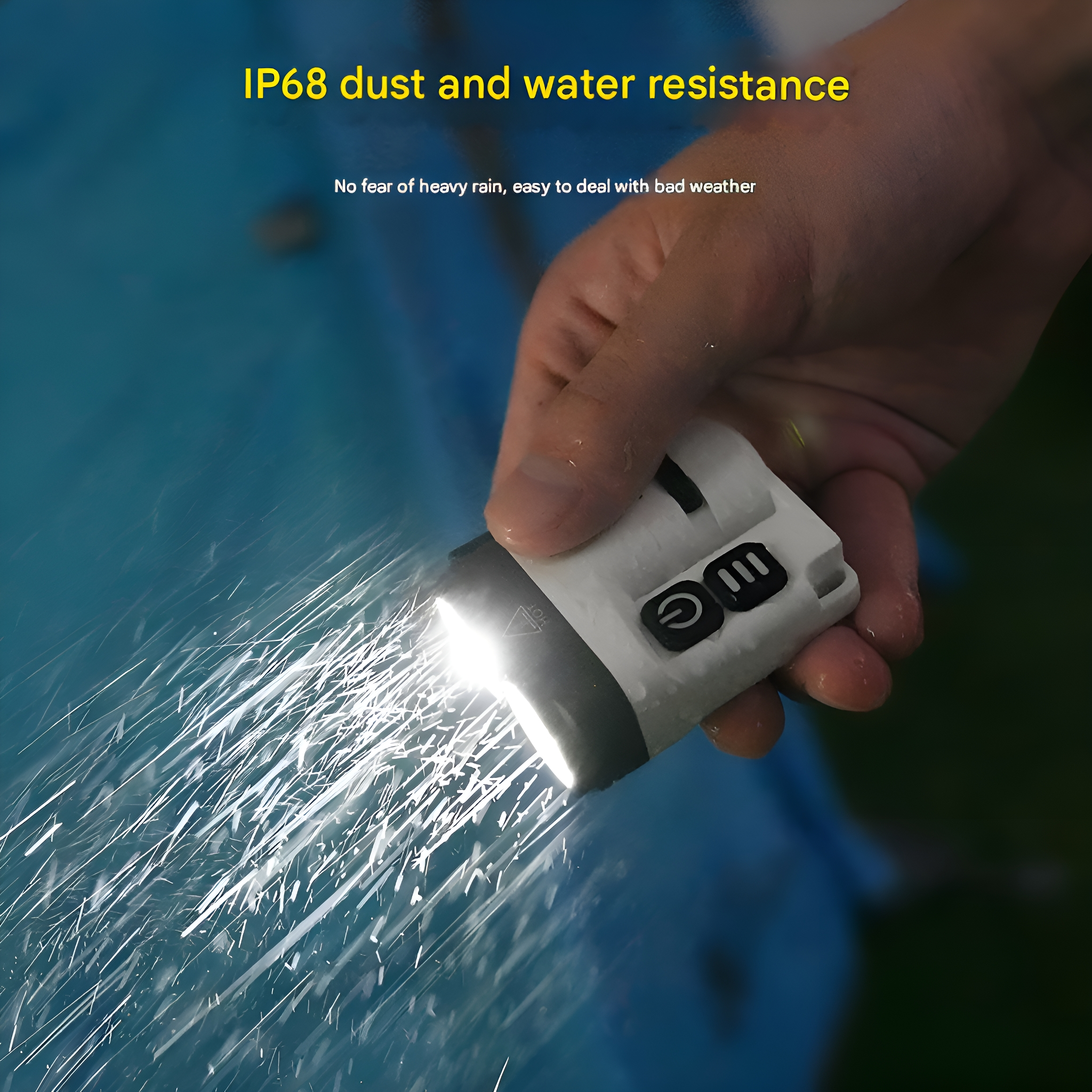 Hand hält eine weiß-graue Leuchte, Wasser sprüht. Text lautet "IP68 Staub- und Wasserbeständigkeit."