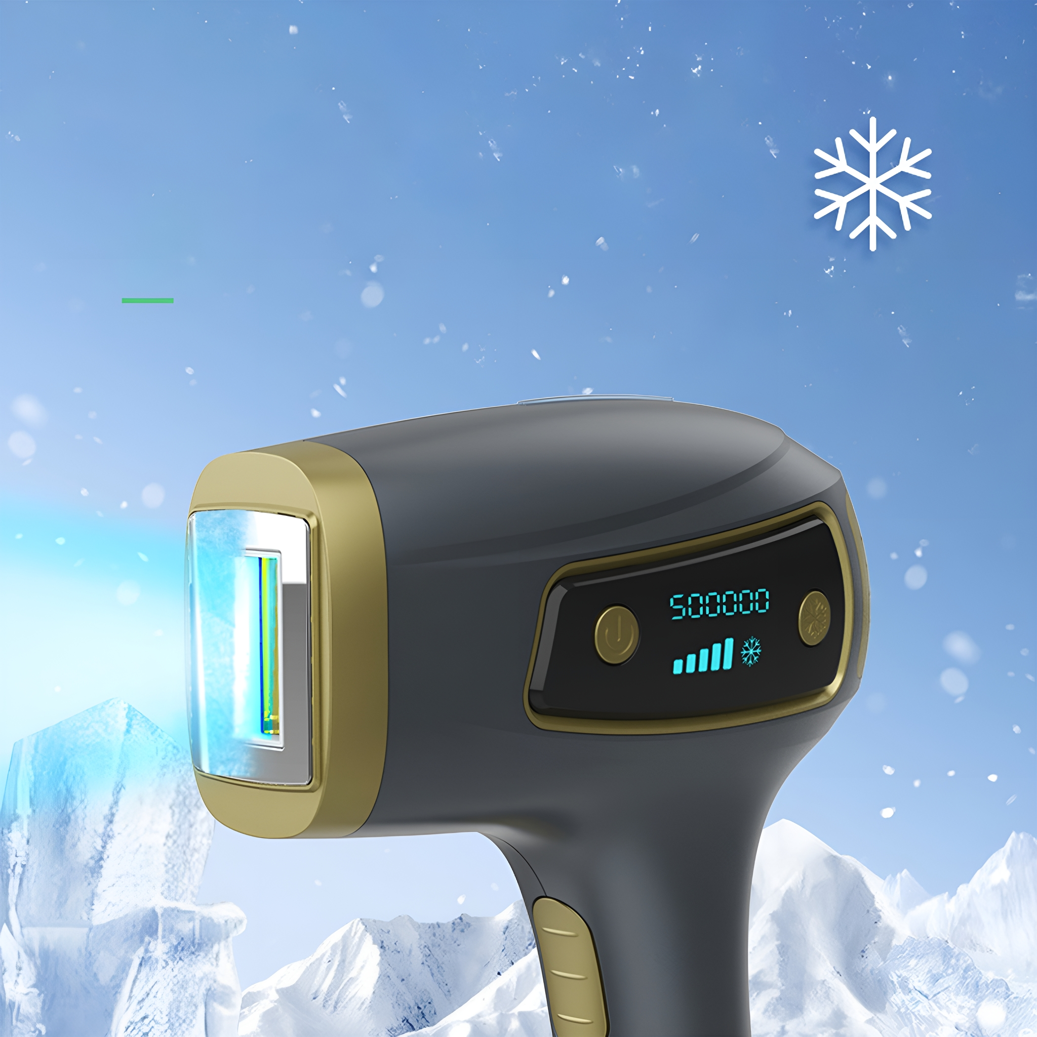 Schwarz-goldenes Gerät mit blauem Licht. Weißes Schneeflocken-Symbol im Hintergrund. Winterszene.