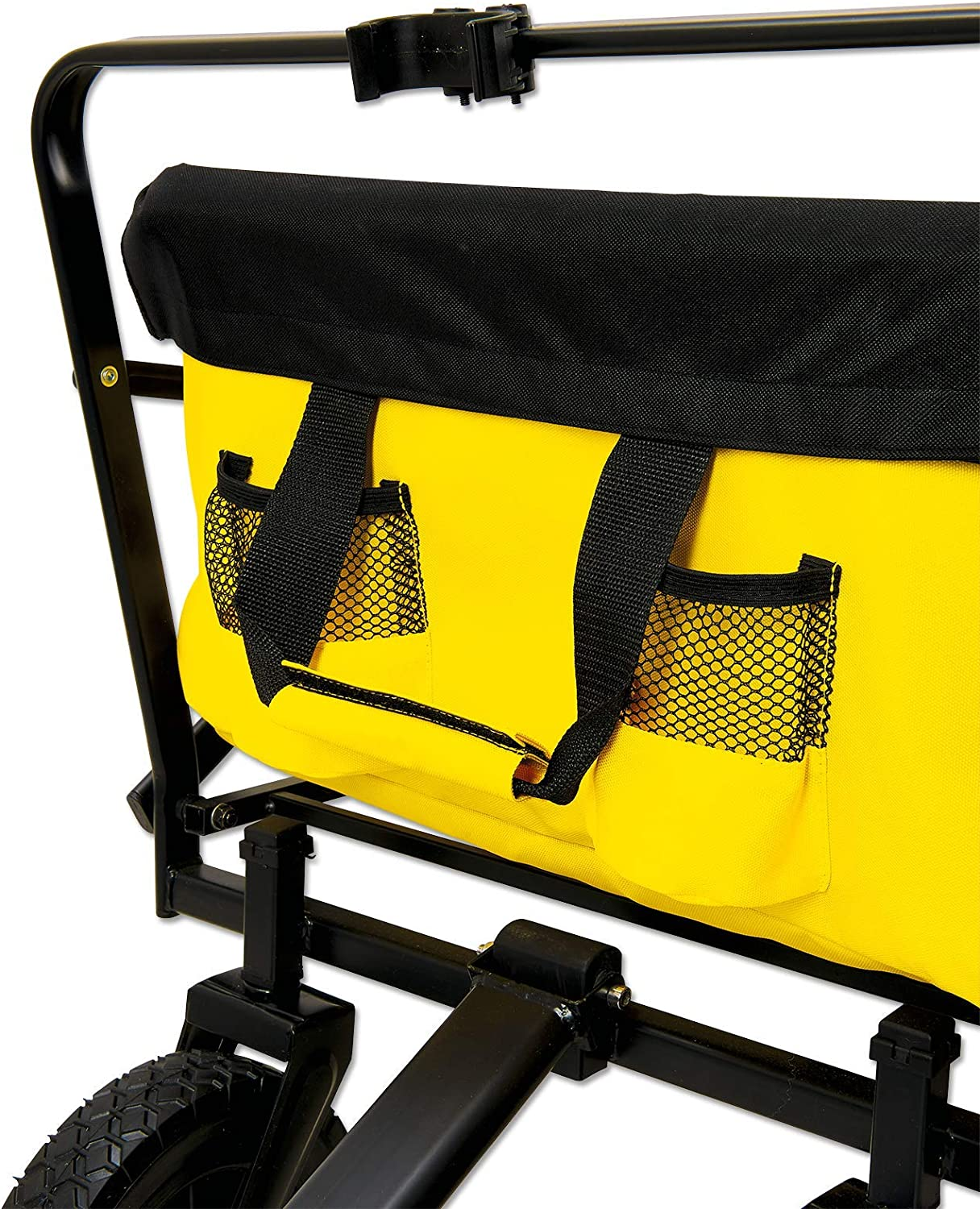 Gelber Werkzeugwagen mit schwarzem Rahmen und Netztaschen an den Seiten, aus niedriger Perspektive gesehen.