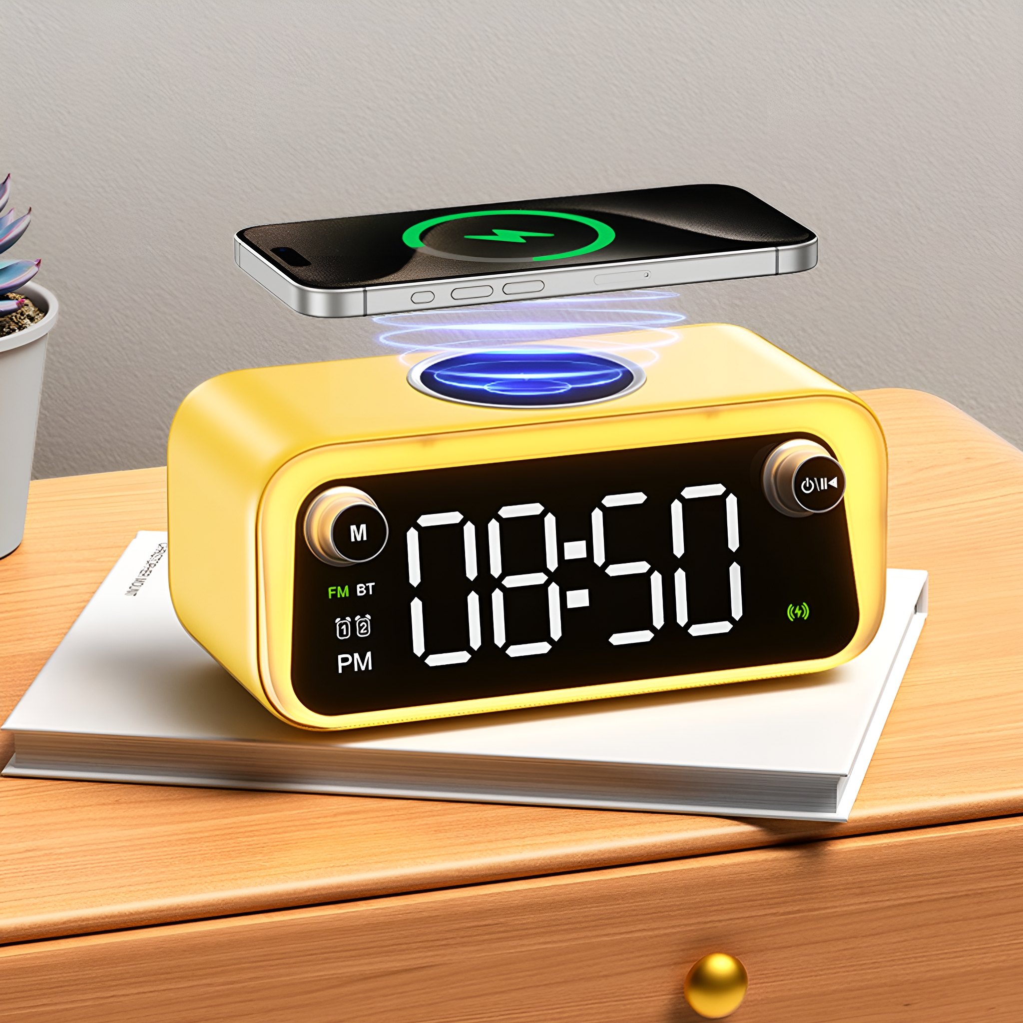 Gelber Wecker, der ein Telefon auflädt. Die Uhr zeigt 08:50. Ein Telefon wird kabellos geladen.