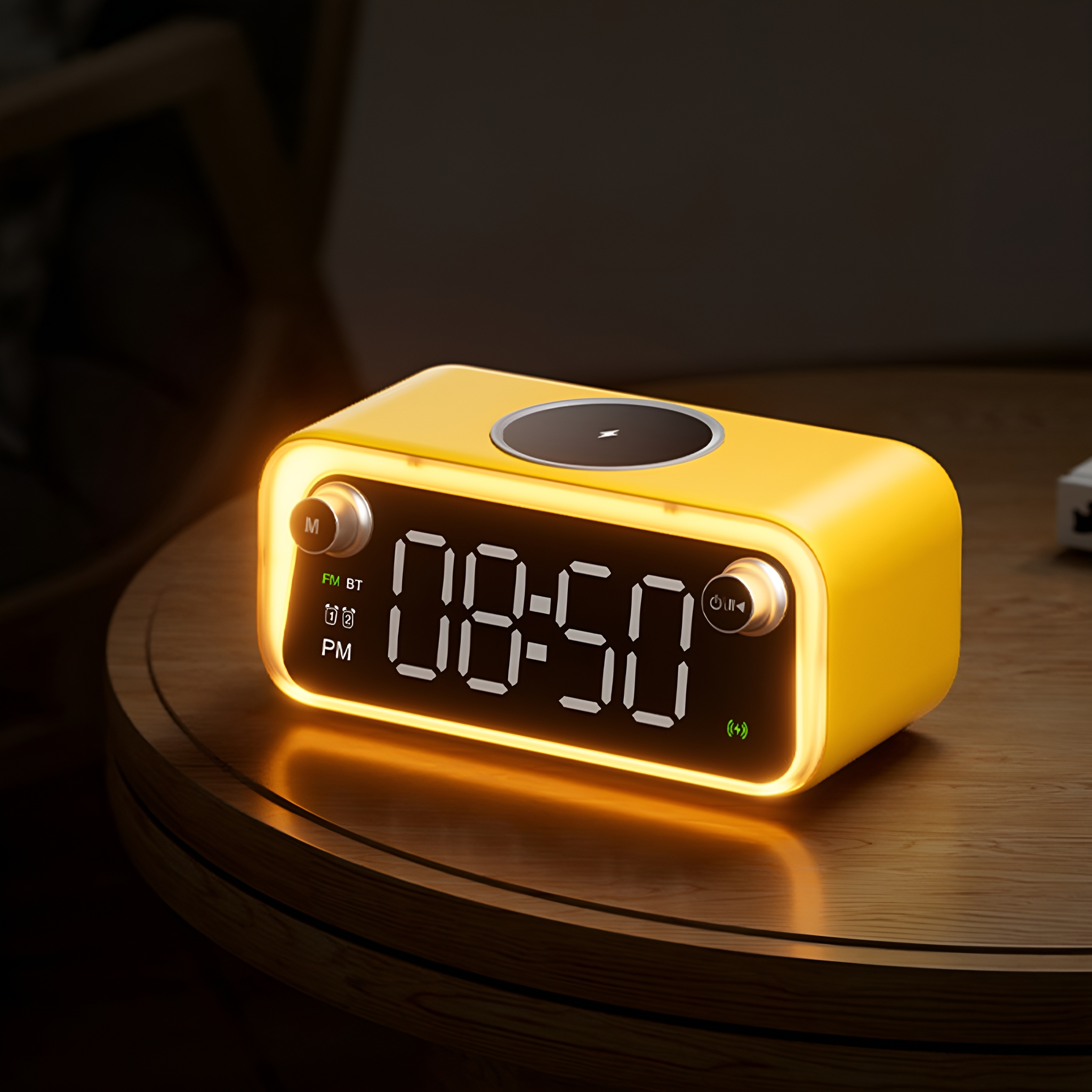 Gelber Wecker mit Digitalanzeige 08:50. Auf Holztisch mit Knöpfen.