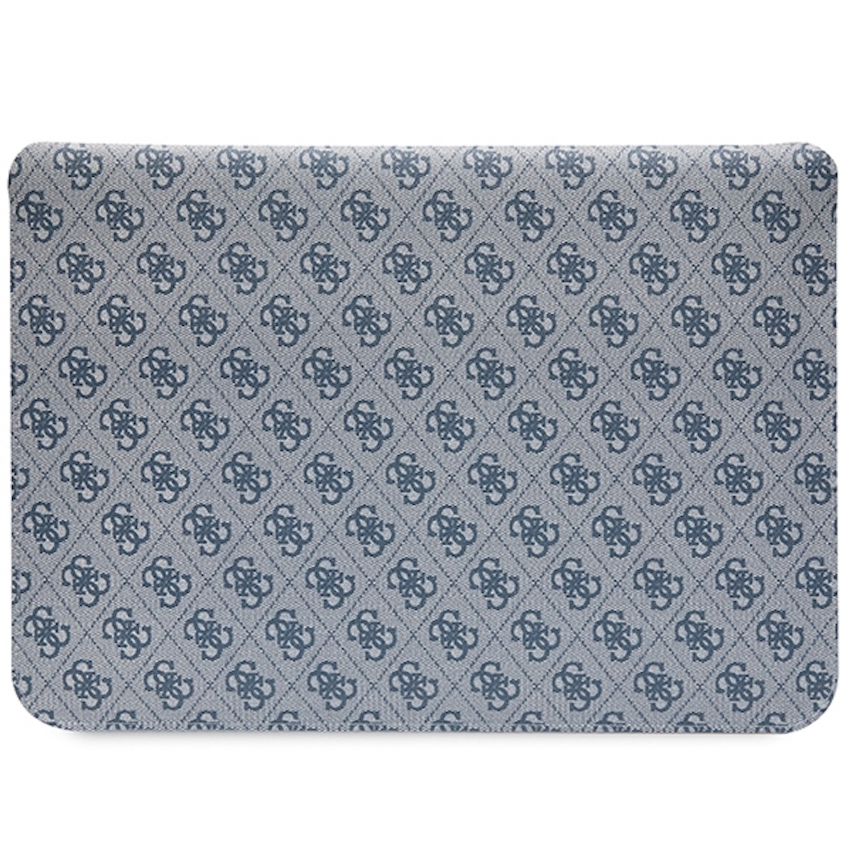 Un portafoglio Guess rettangolare con un motivo a logo ripetuto in blu e grigio.