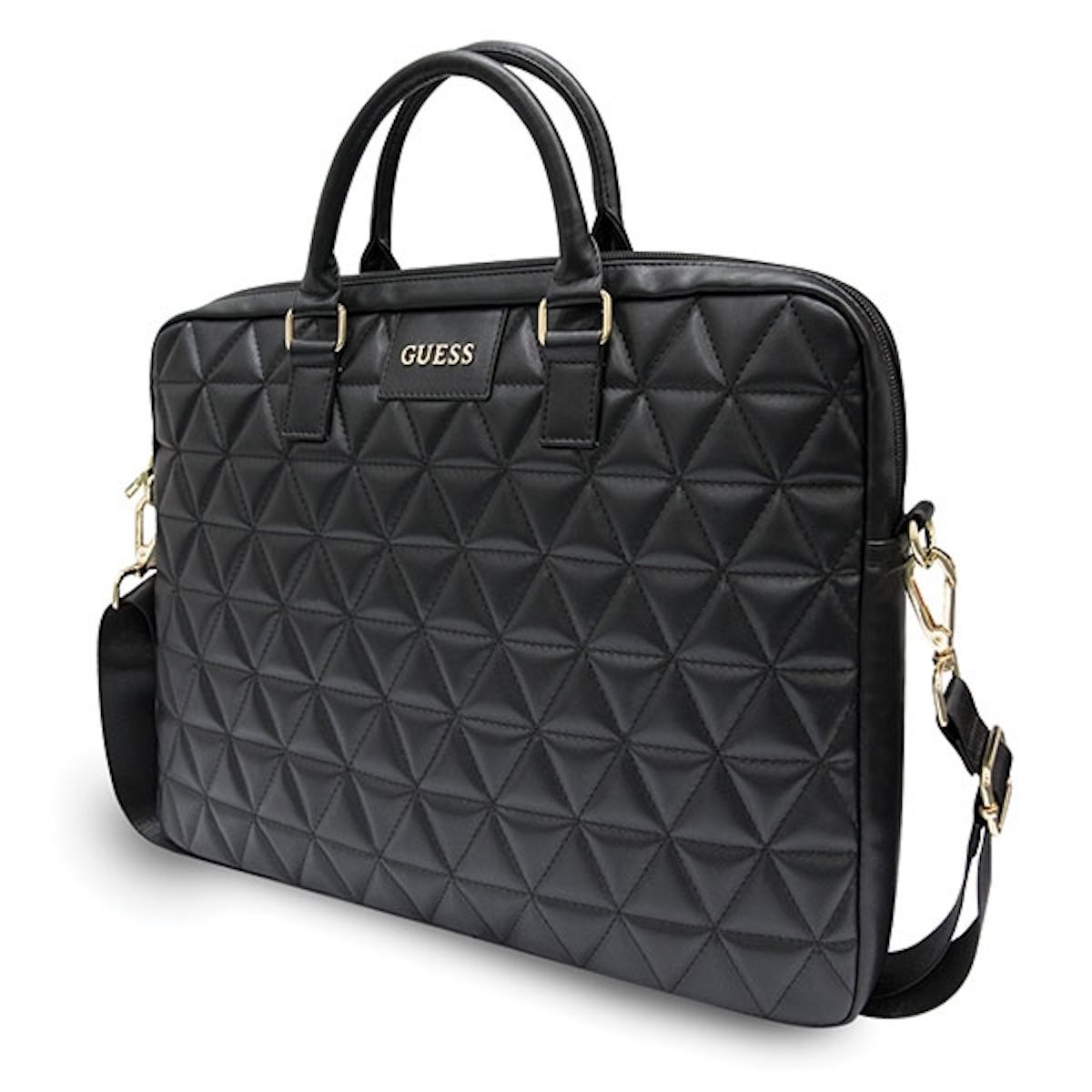Valigetta Guess nera, design trapuntato, con manico e tracolla. Dettagli oro.