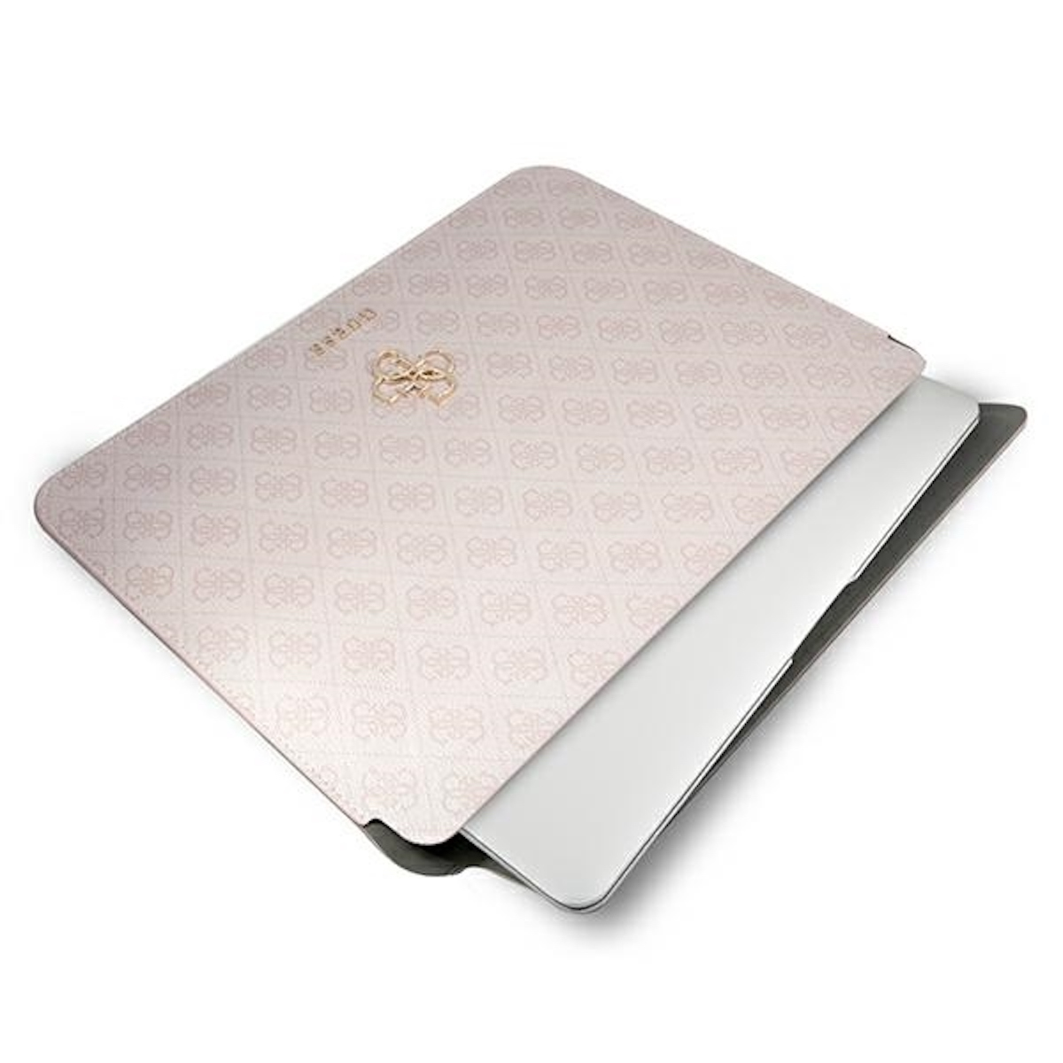 Ordenador portátil en una funda rosa claro estampada. La funda tiene un diseño de lazo dorado.