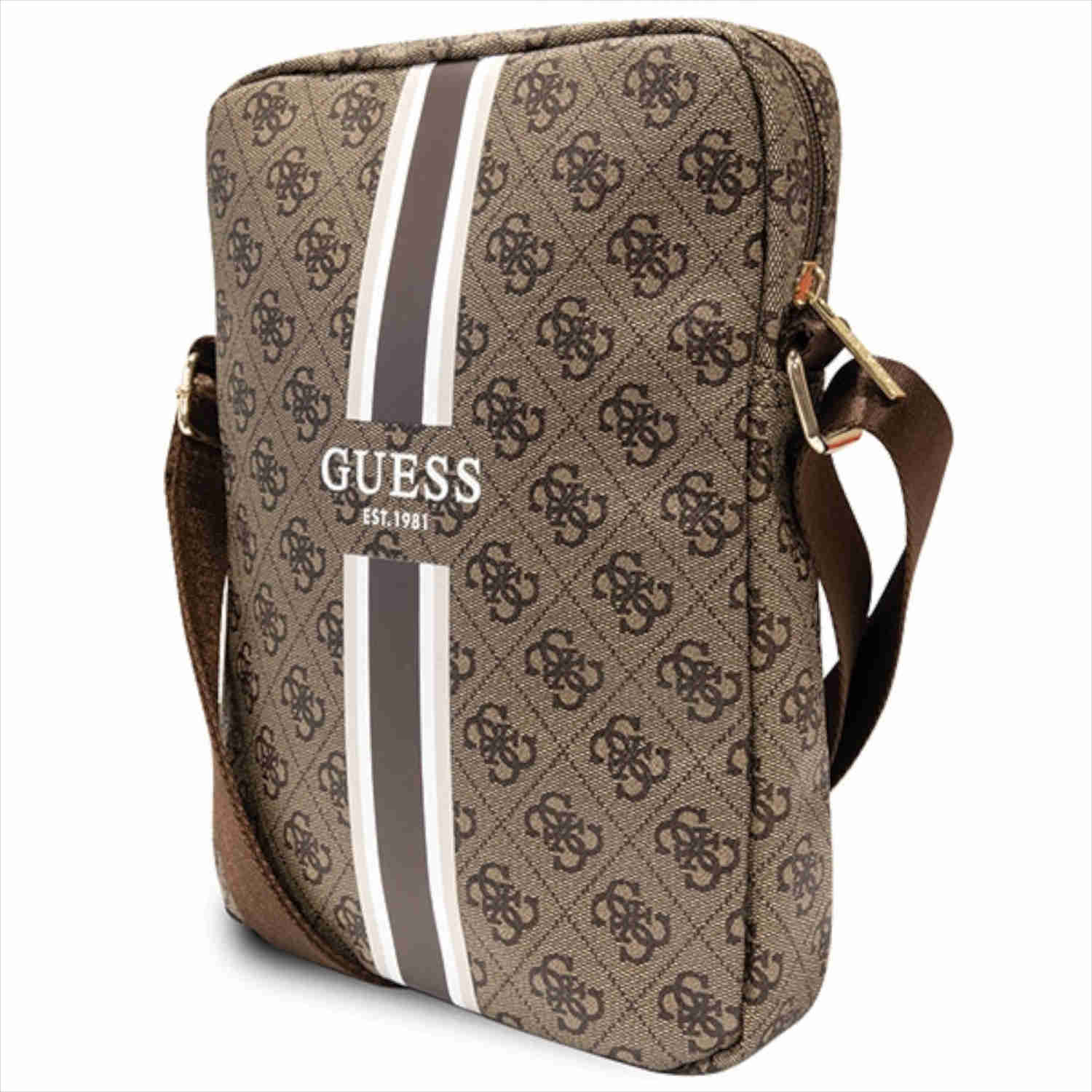 Eine braune Guess-Umhängetasche mit Muster und weiß-braunem Streifen.