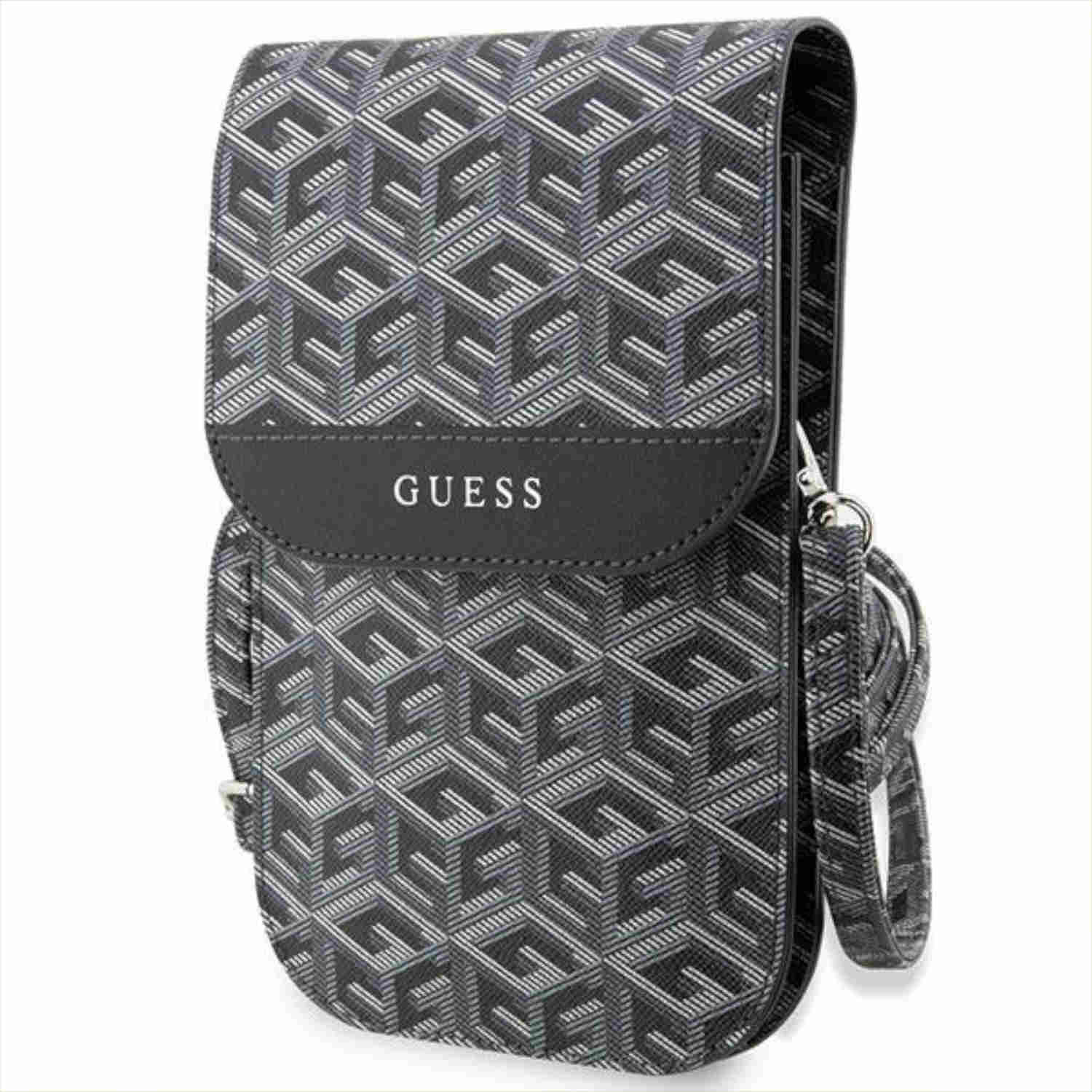 Una custodia per telefono Guess nera e grigia con cinturino. Ha un motivo geometrico e il nome del marchio.