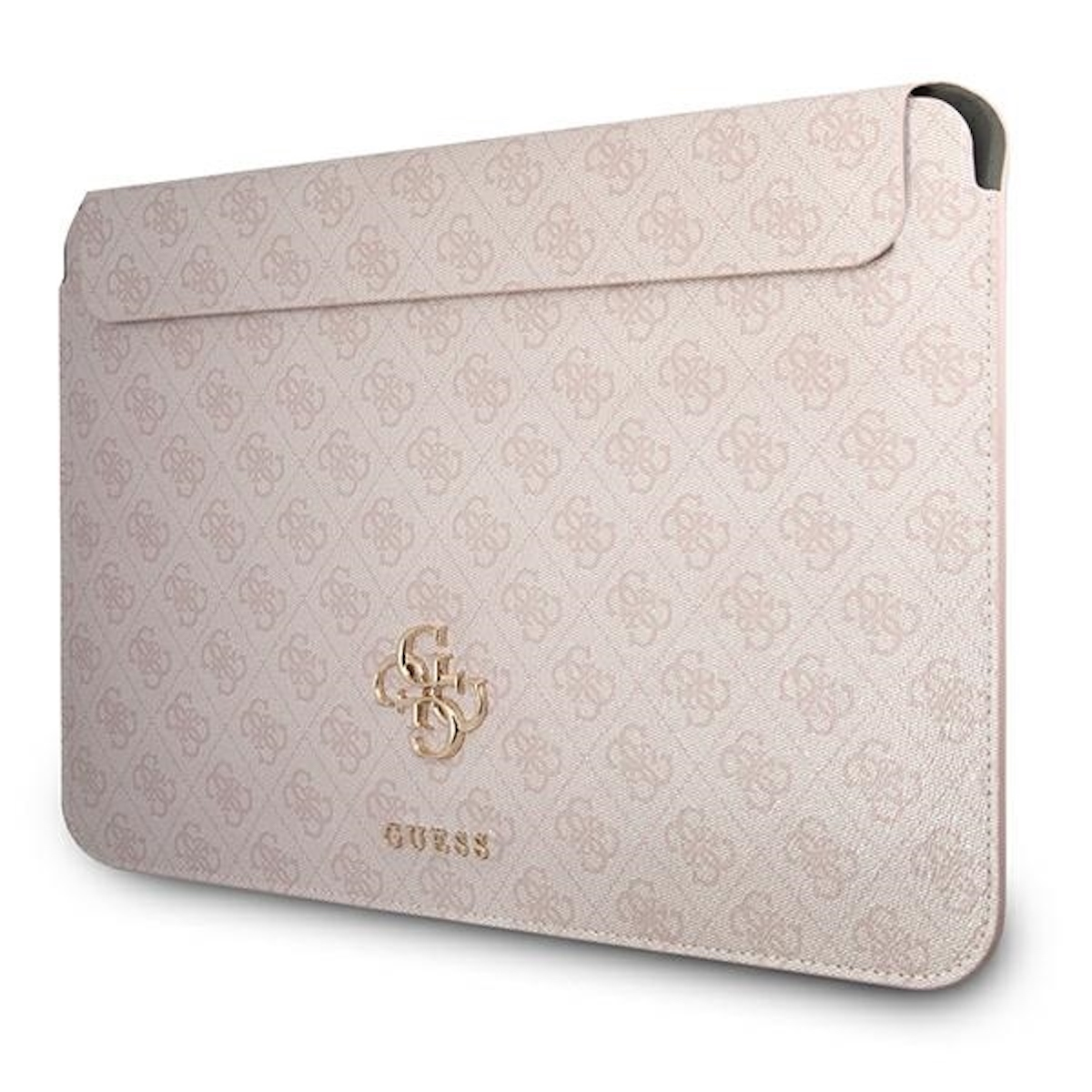 Una funda para portátil rosa claro con el logo de Guess. La funda tiene un patrón repetitivo y una solapa.