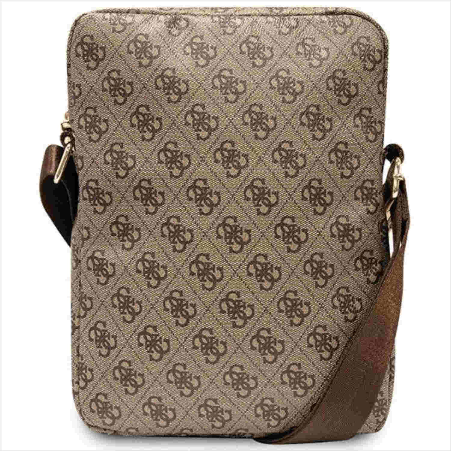 Braune Guess Umhängetasche mit Guess-Logo-Muster und braunem Riemen.