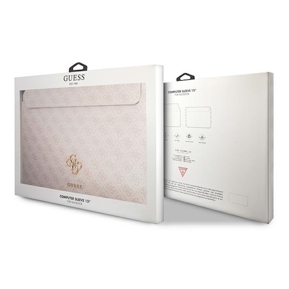 Caja blanca con una funda de ordenador dentro. Logotipo de Guess en la funda. Fondo blanco.
