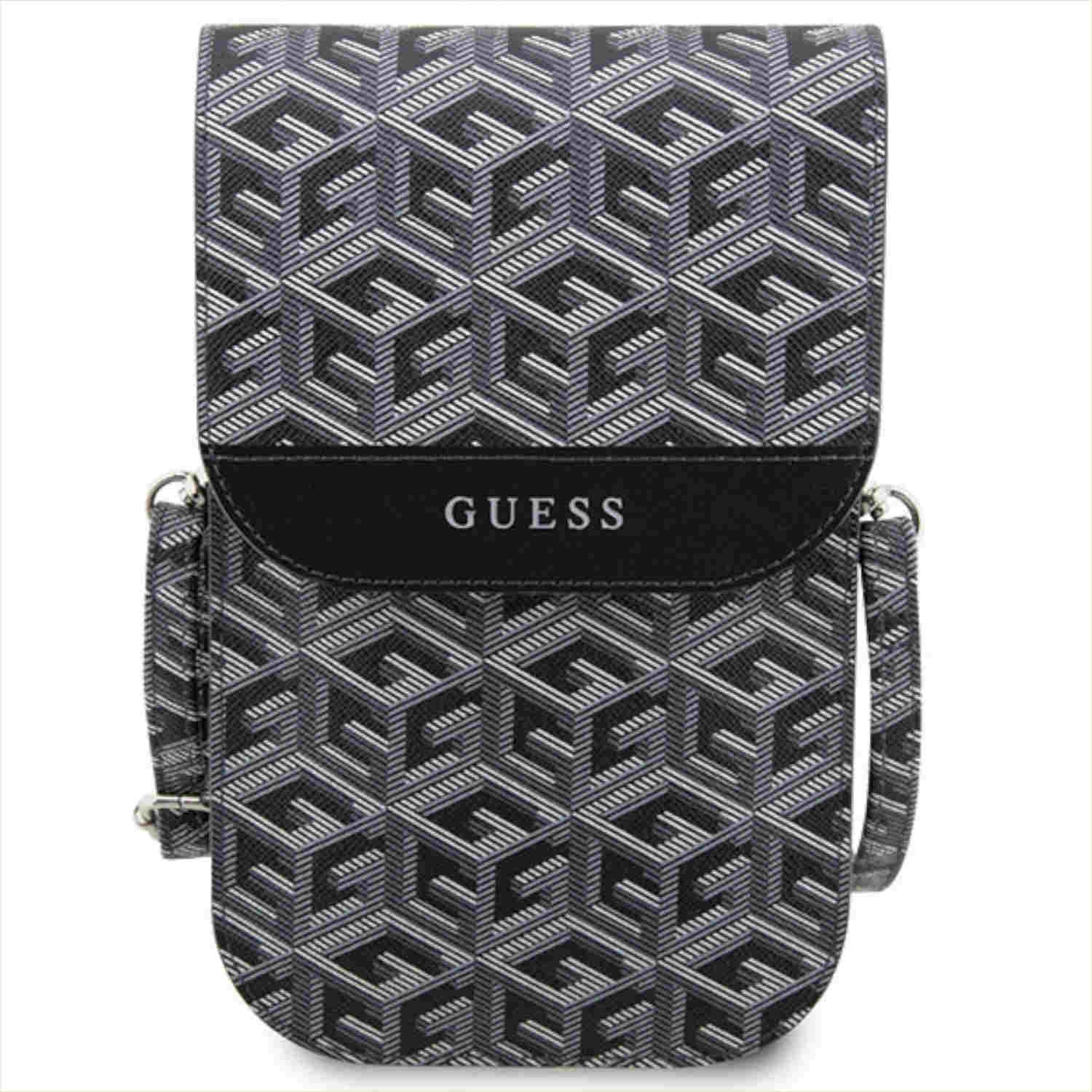 Borsa a tracolla nera Guess con un motivo geometrico ripetuto e il nome del marchio.