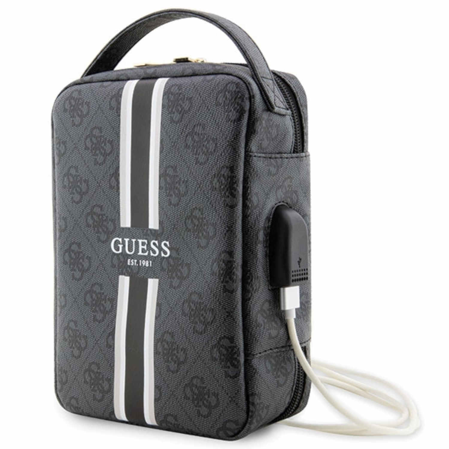 Eine Guess-Tasche in Schwarz mit zwei weißen Streifen. Die Tasche hat einen Griff und einen Ladeanschluss.