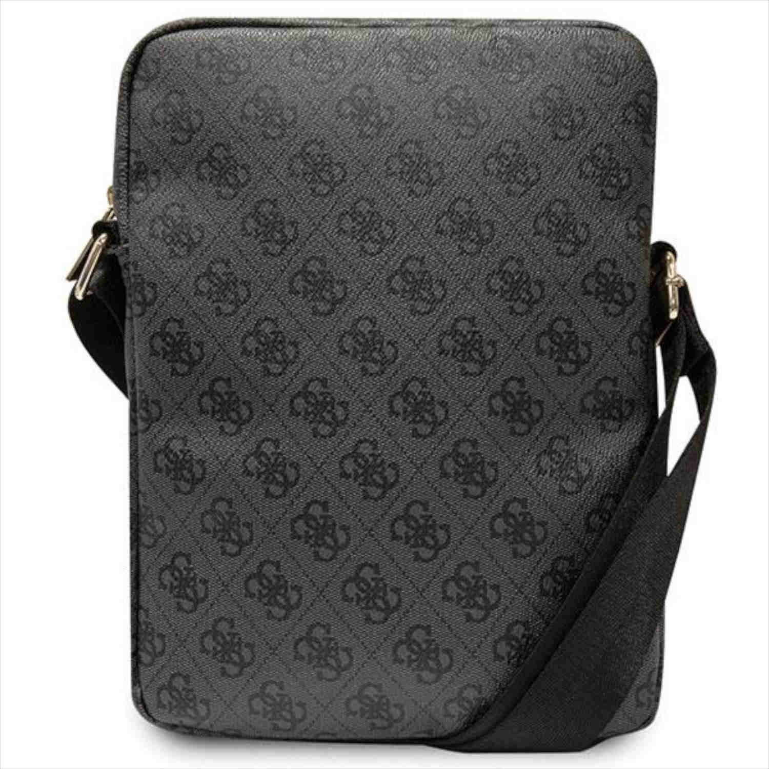 Eine schwarze Umhängetasche von Guess mit sich wiederholendem Logo-Muster. Sie hat einen schwarzen Riemen und goldene Hardware.