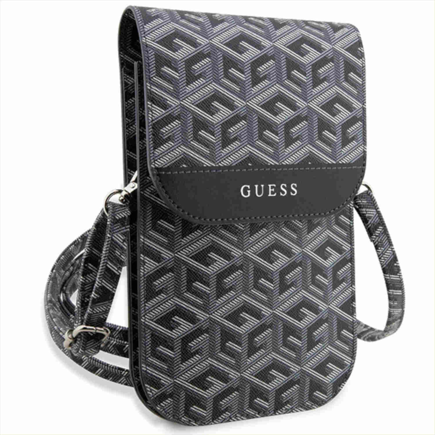 Una custodia per telefono Guess con motivo geometrico e tracolla. Bianco e nero.