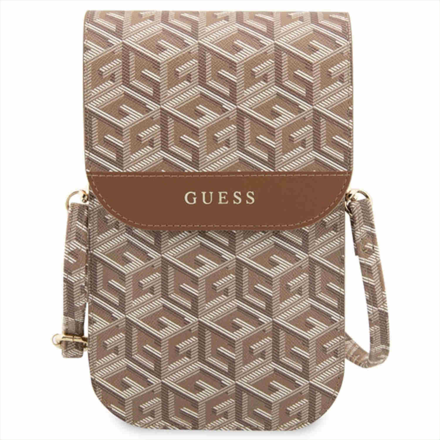 Borsa a tracolla Guess marrone e beige con motivo geometrico, logo Guess sul davanti.