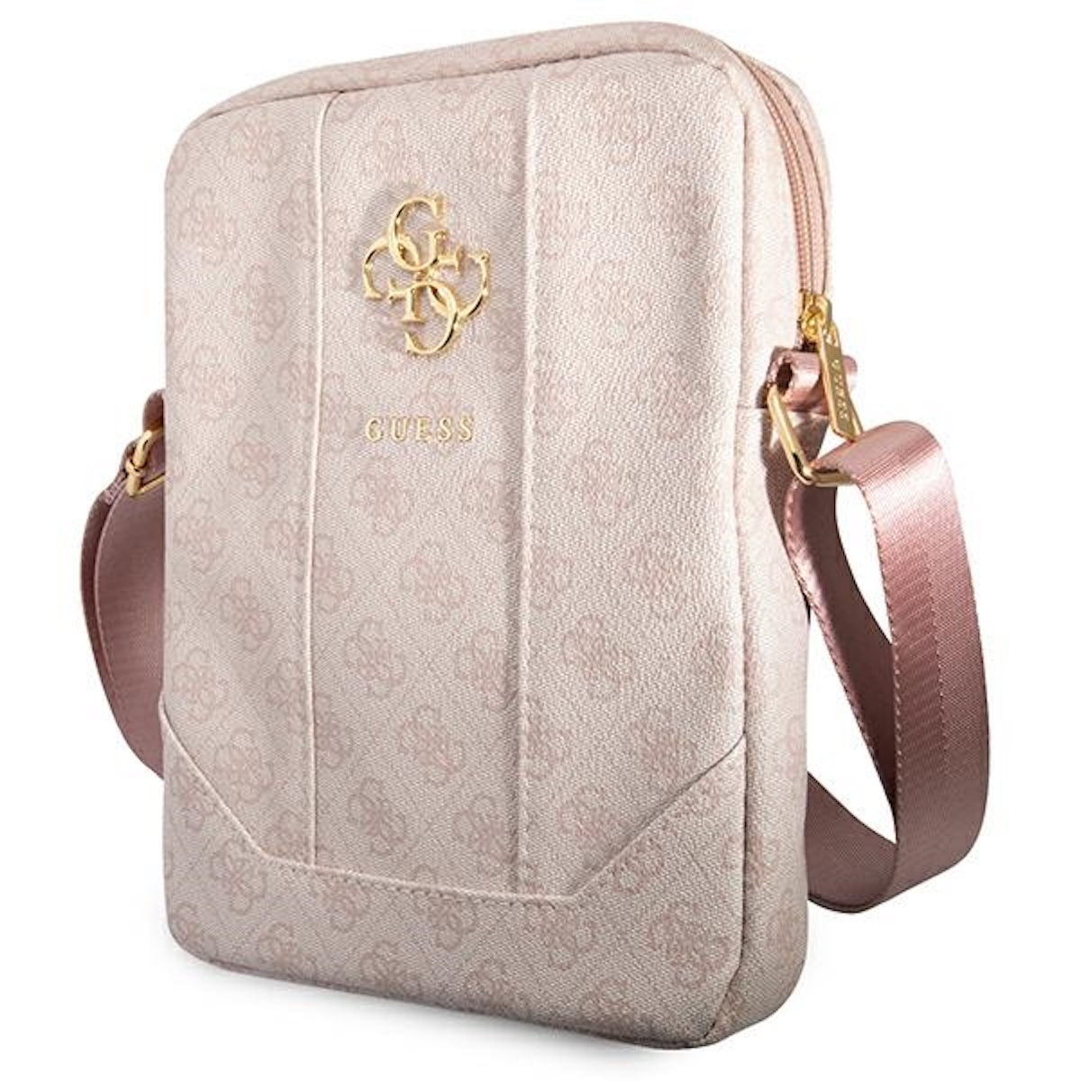 Rosa Guess Umhängetasche mit goldenem Emblem und pinkfarbenem Riemen. Mit sich wiederholendem Muster.