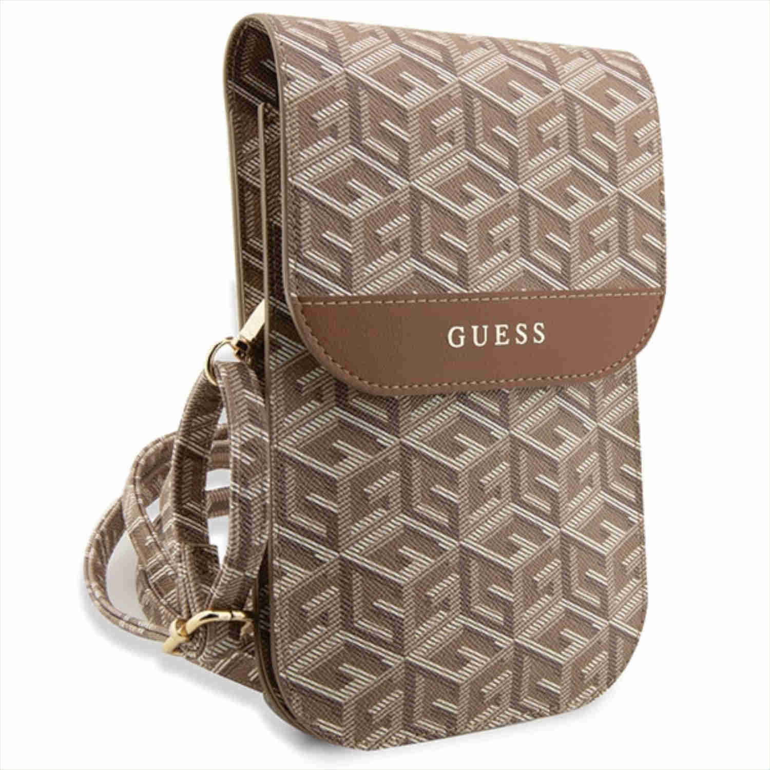 Borsa a tracolla Guess marrone con design a fantasia e tracolla.