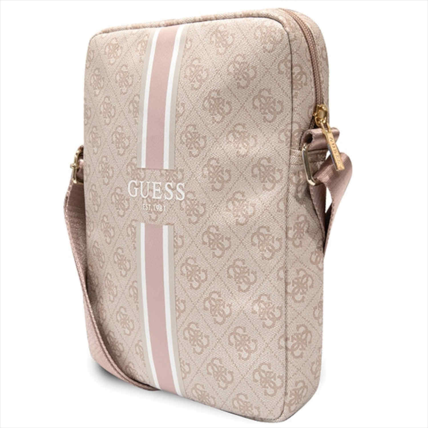 Borsetta Guess con base beige, striscia rosa e dettagli dorati.