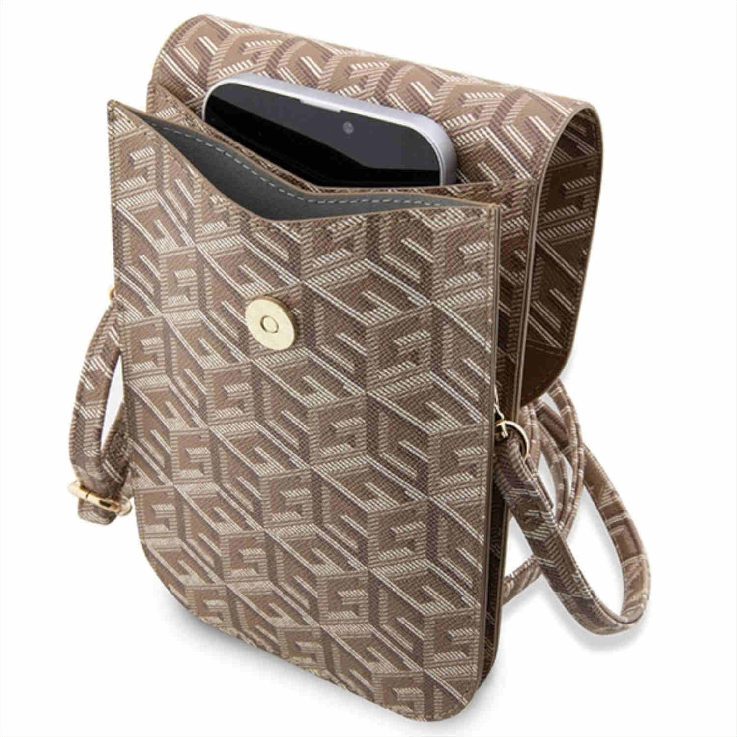 Borsa marrone con motivo geometrico, aperta per rivelare un telefono.
