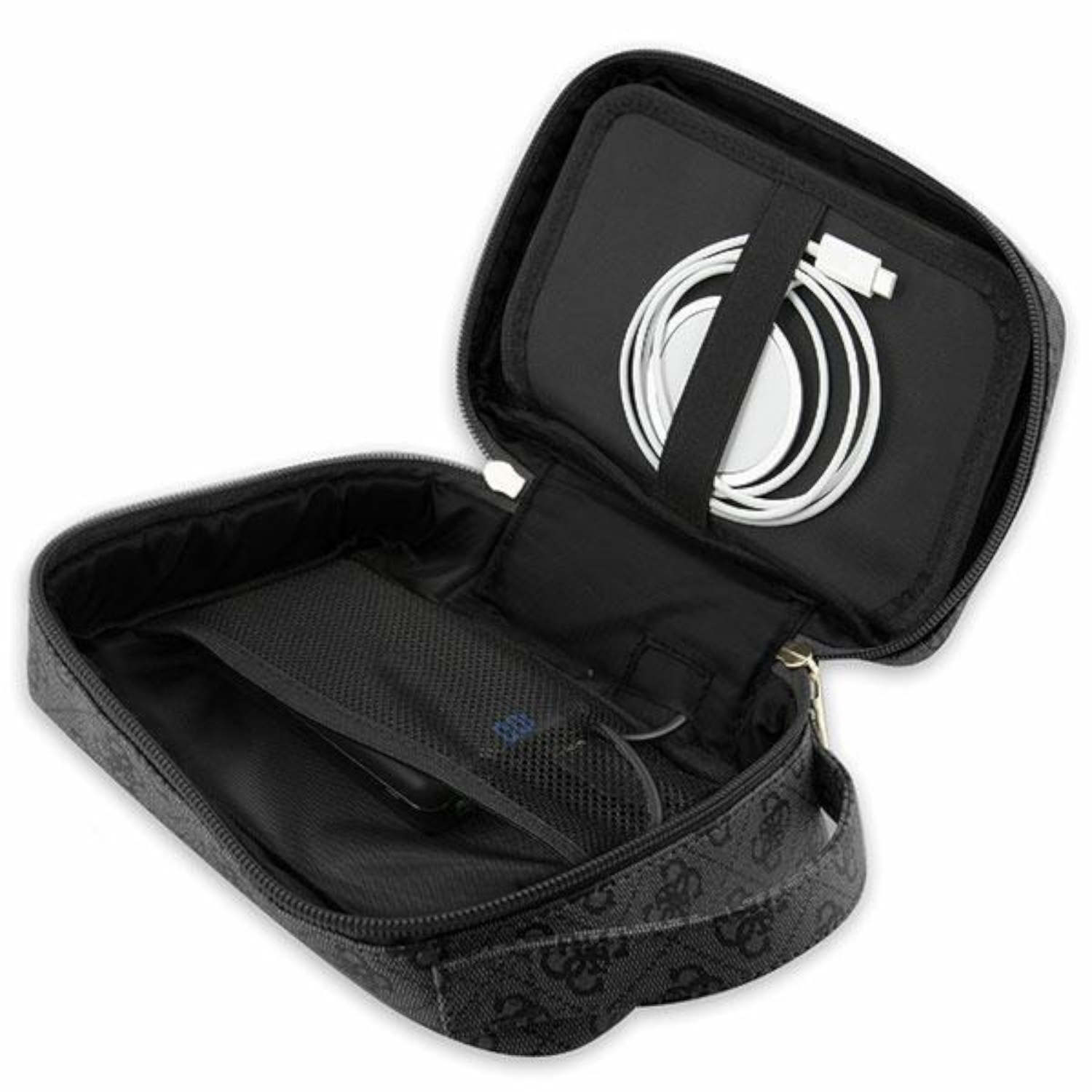 Ein schwarzer Reisekoffer, geöffnet, um ein weißes Ladekabel und ein Telefon mit einer Netztasche zu enthüllen.