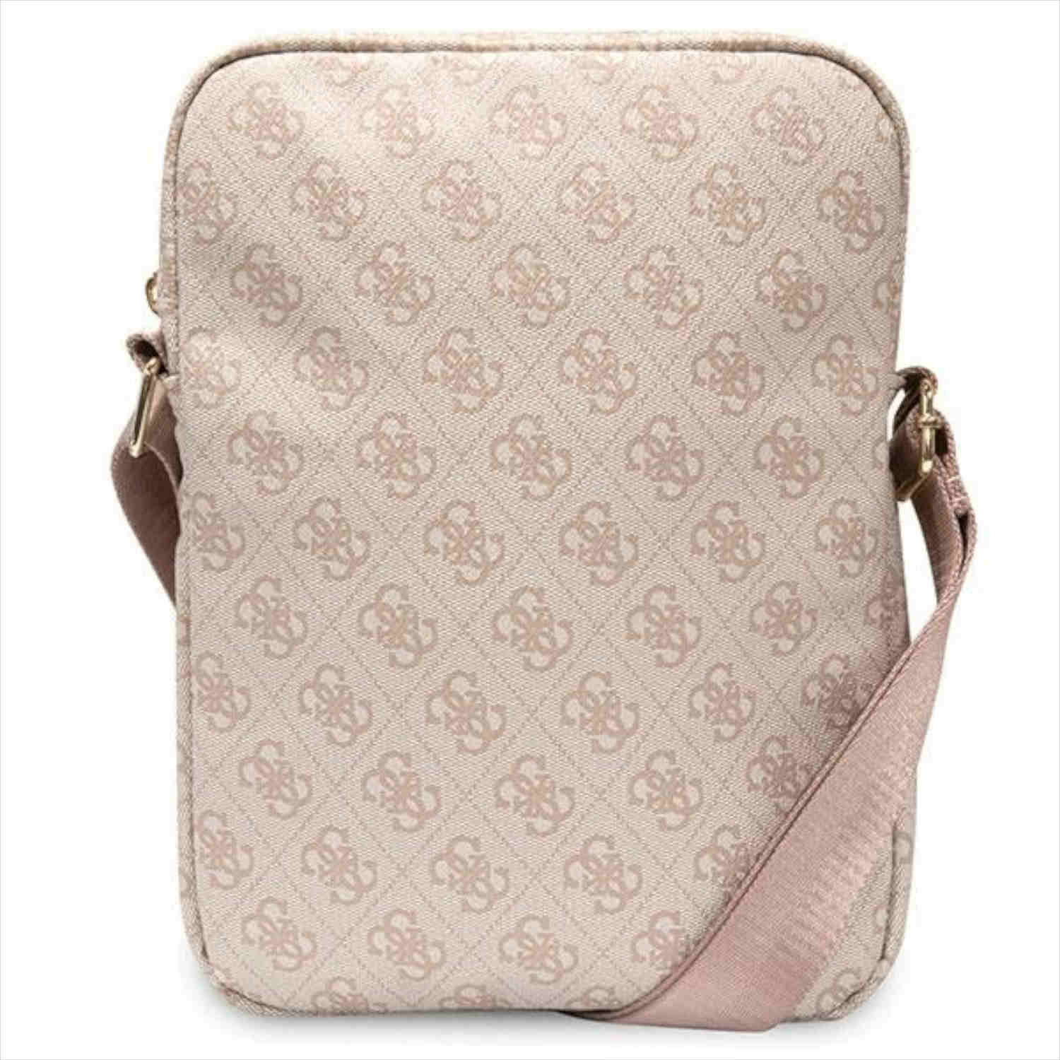 Borsa a tracolla beige con motivo logo. Sfondo beige, tracolla rosa.