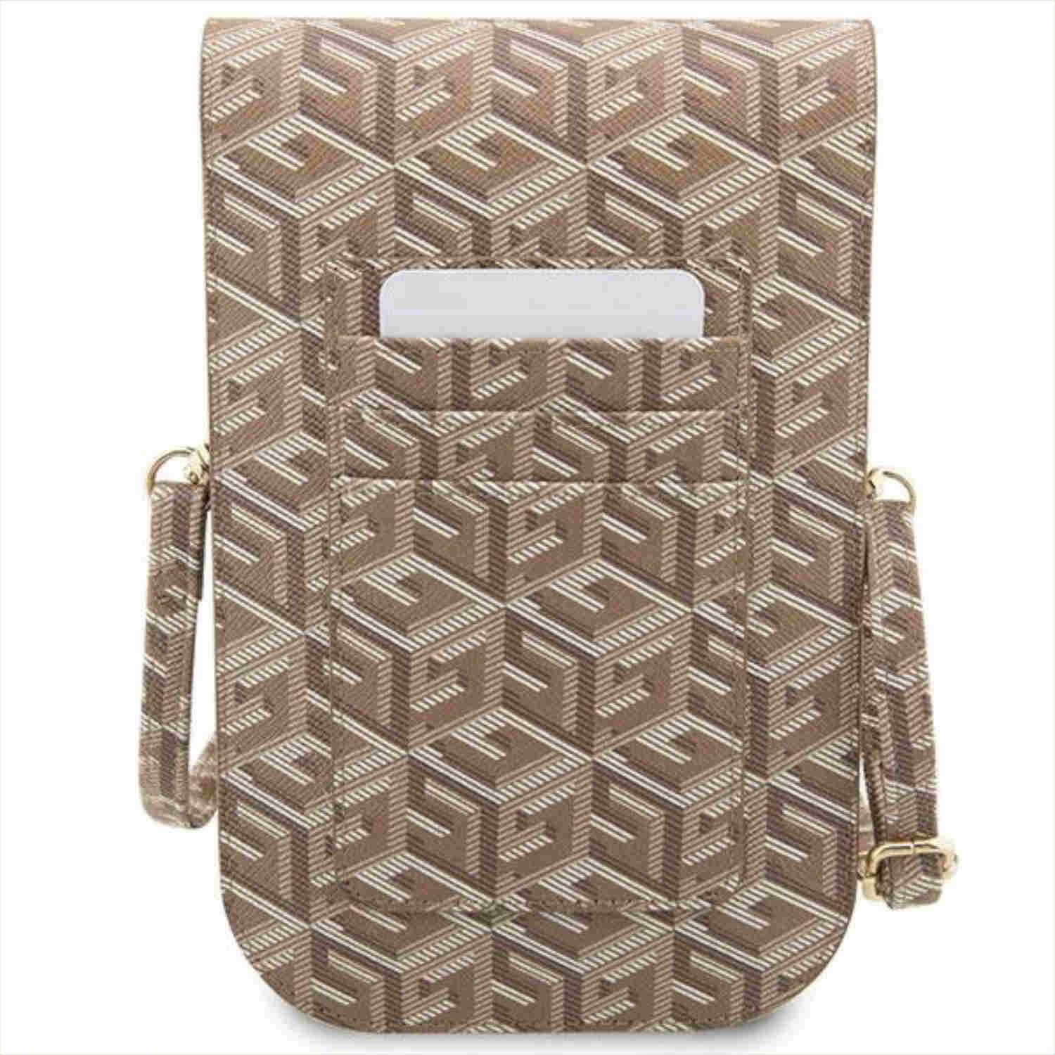 Una borsa a tracolla marrone con un motivo geometrico ripetuto. Ha uno scomparto per carte e una tracolla.