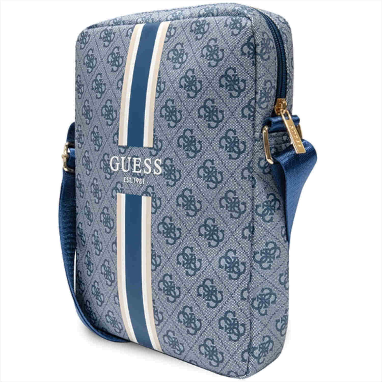 Borsa a tracolla Guess blu con strisce bianche e blu. Logo Guess visibile. Tracolla e cerniera blu.