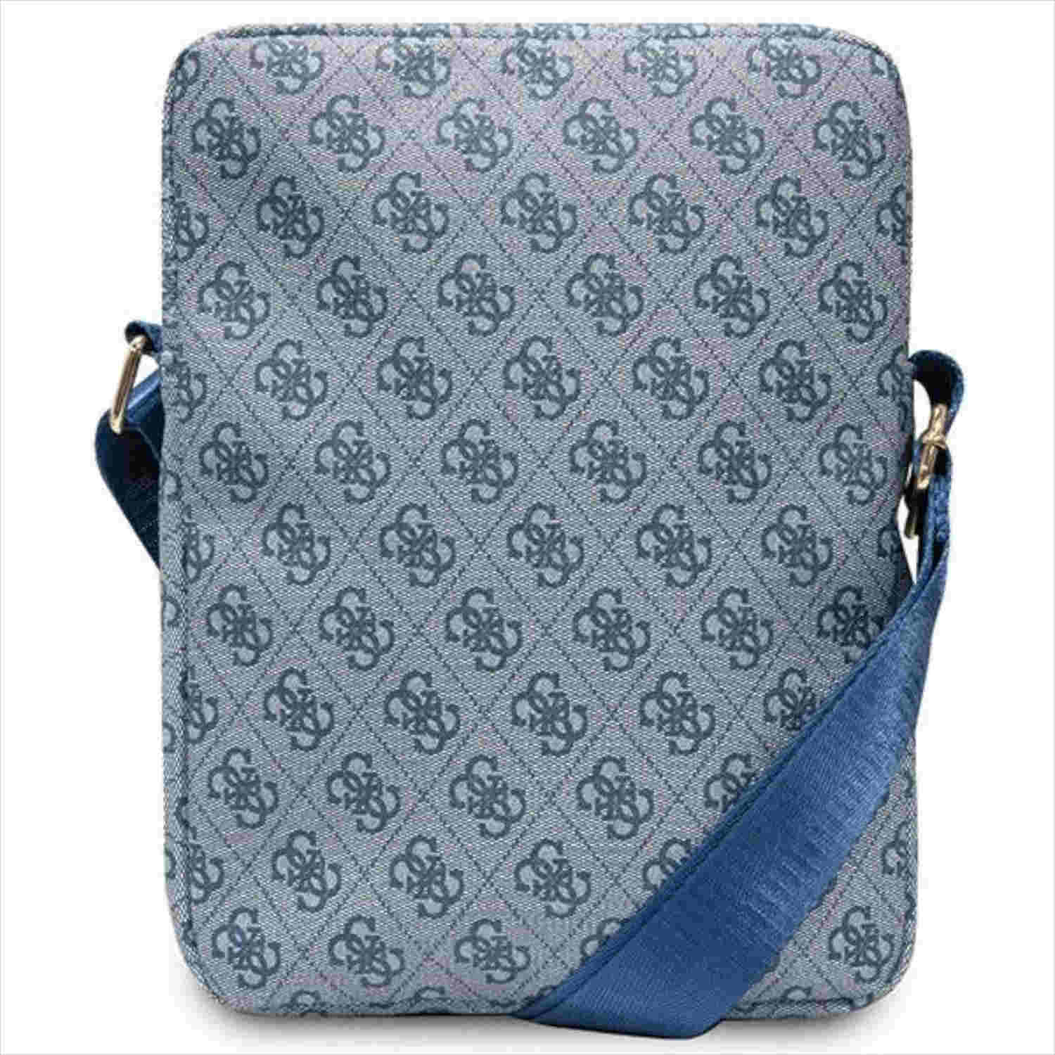 Una borsa Guess quadrata con motivo blu e grigio e tracolla blu, su sfondo bianco.