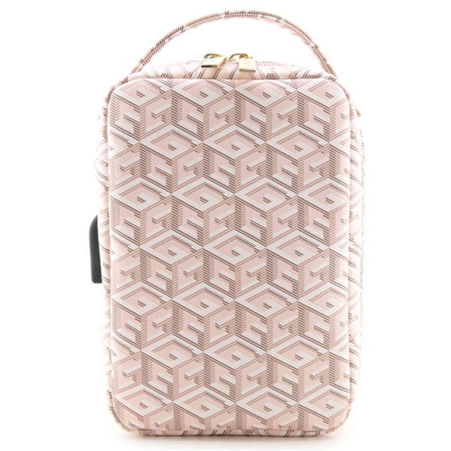 Una borsa da viaggio rosa con un motivo geometrico ripetuto. Ha un manico e una cerniera.