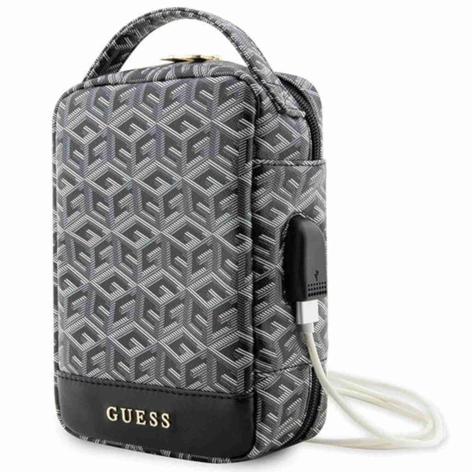 Eine graue und schwarze Guess-Tasche mit einem USB-Kabel.