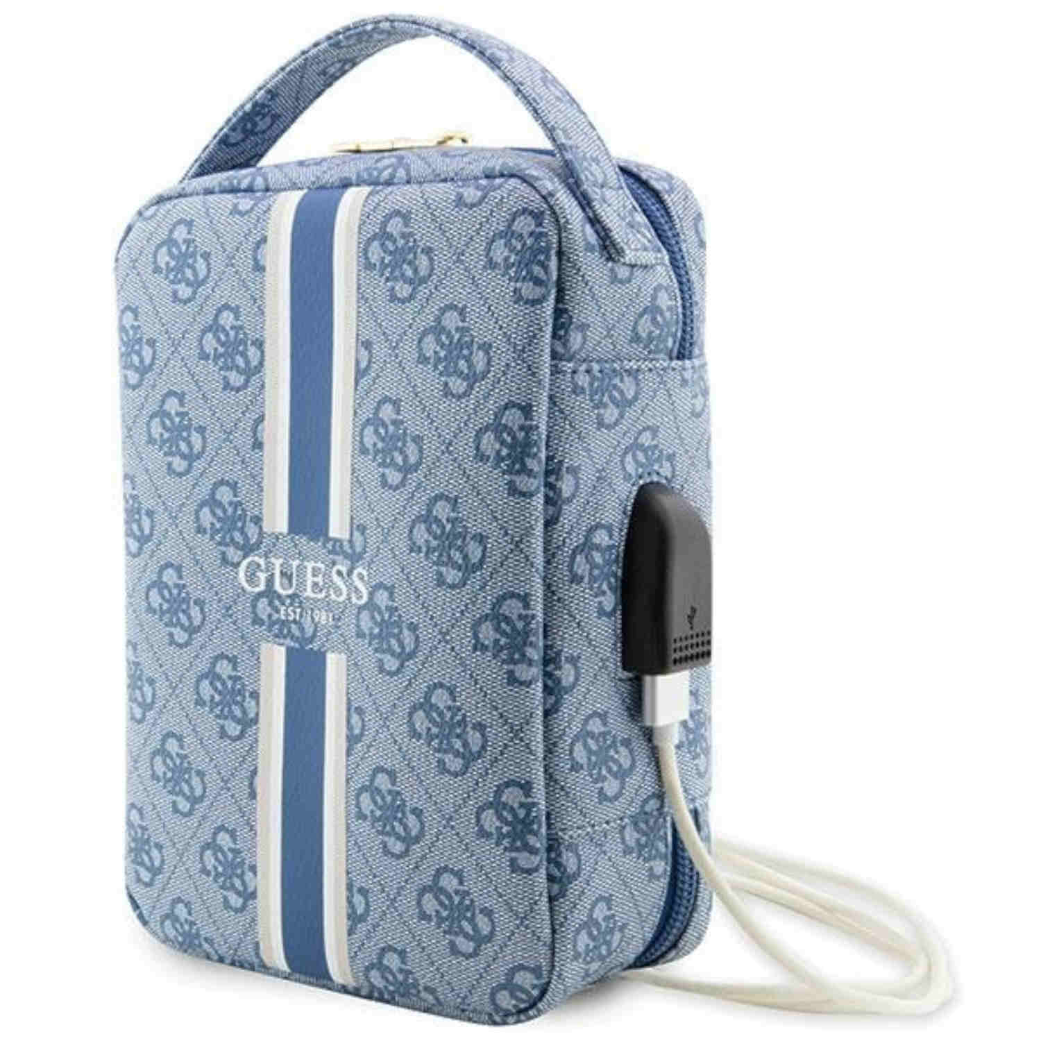 Una borsa Guess blu con due strisce bianche. La borsa ha un manico e una porta di ricarica.