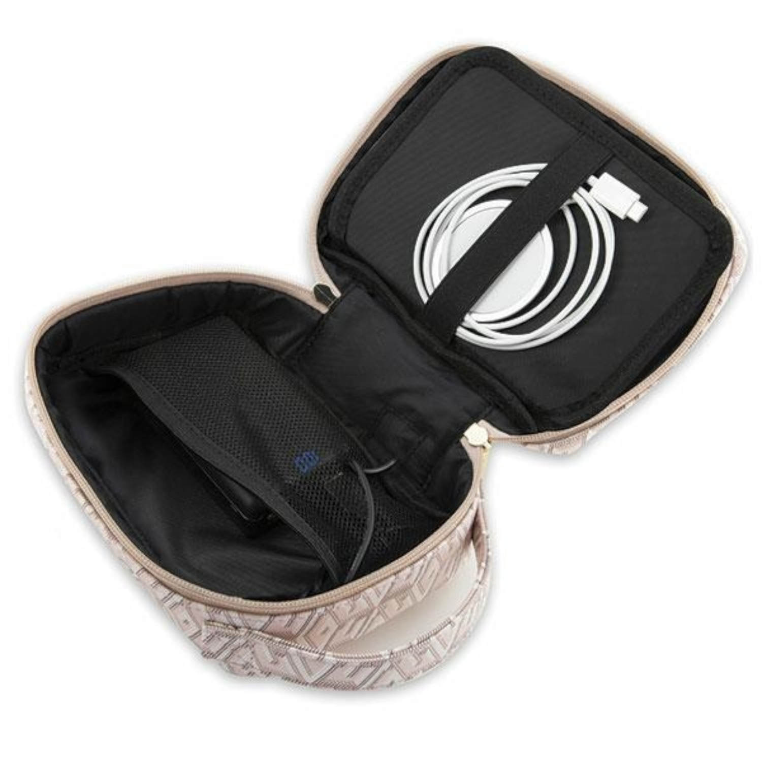 Pochette cosmetici fantasia aperta con cavo di ricarica, tasca a rete e altri oggetti.