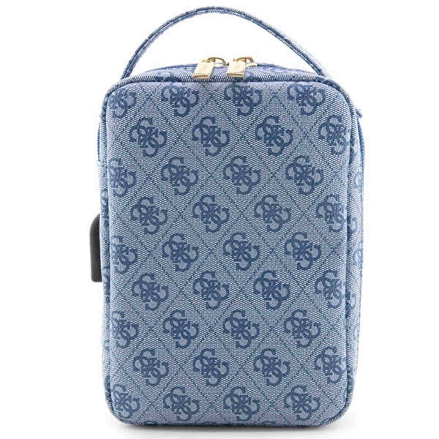 Borsa blu fantasia con manico e zip. Blu fantasia. Sfondo bianco.
