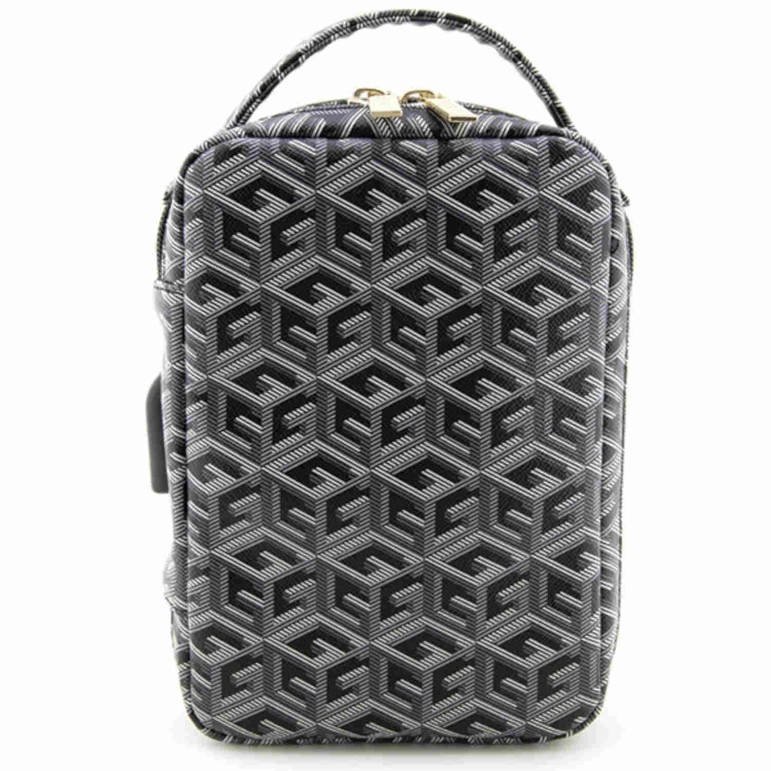 Eine schwarz-weiß gemusterte Tasche mit Griff und Reißverschluss, mit einem sich wiederholenden geometrischen Design.