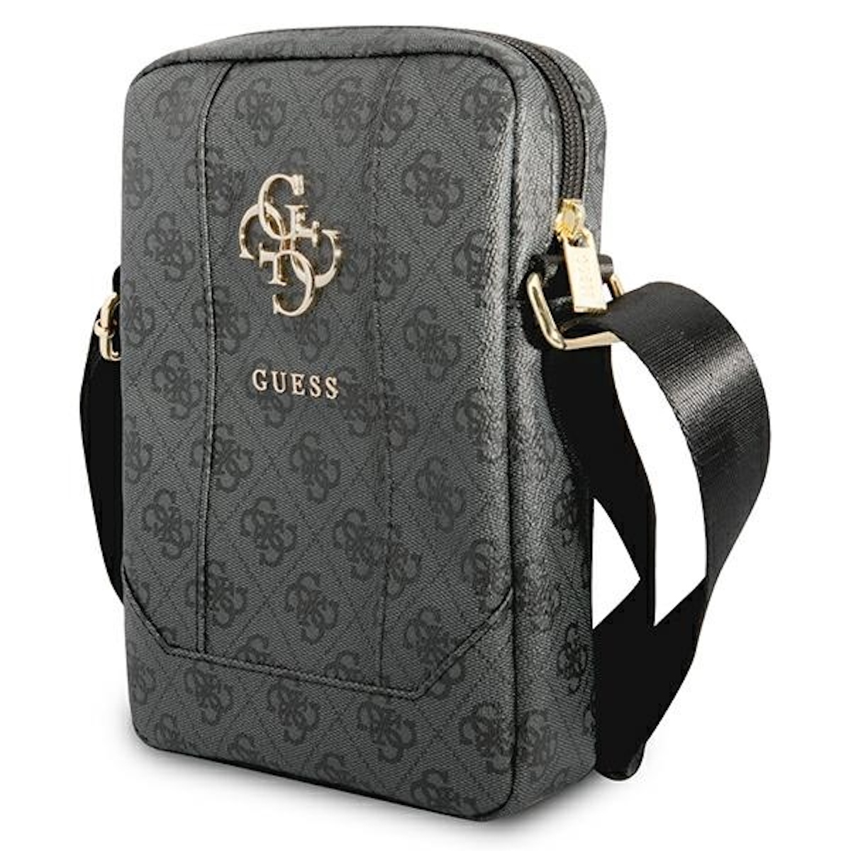Schwarze Guess Umhängetasche mit allover Logo Muster und goldenem Guess Logo.