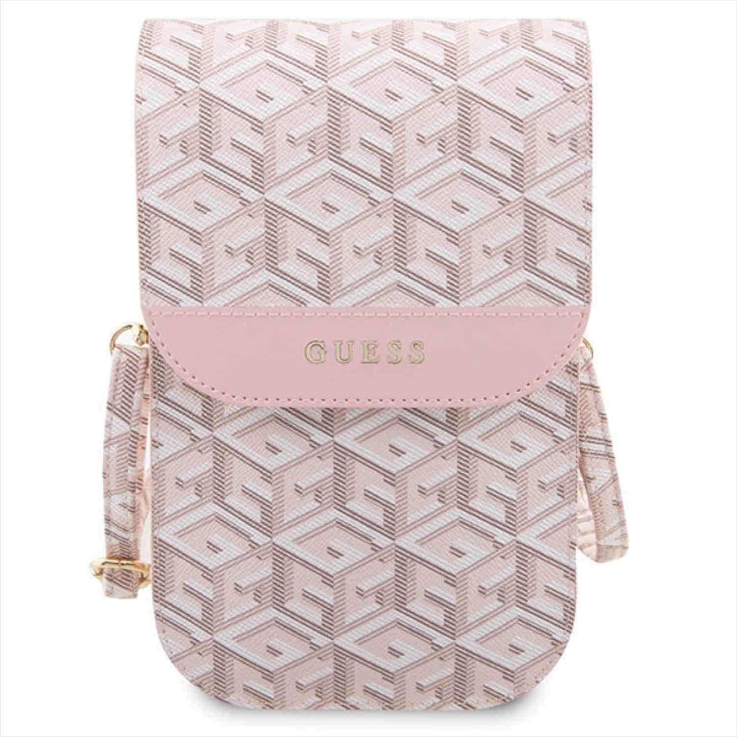 Rosa GUESS Umhängetasche mit geometrischem Muster. Goldfarbener Riemen und Akzente.