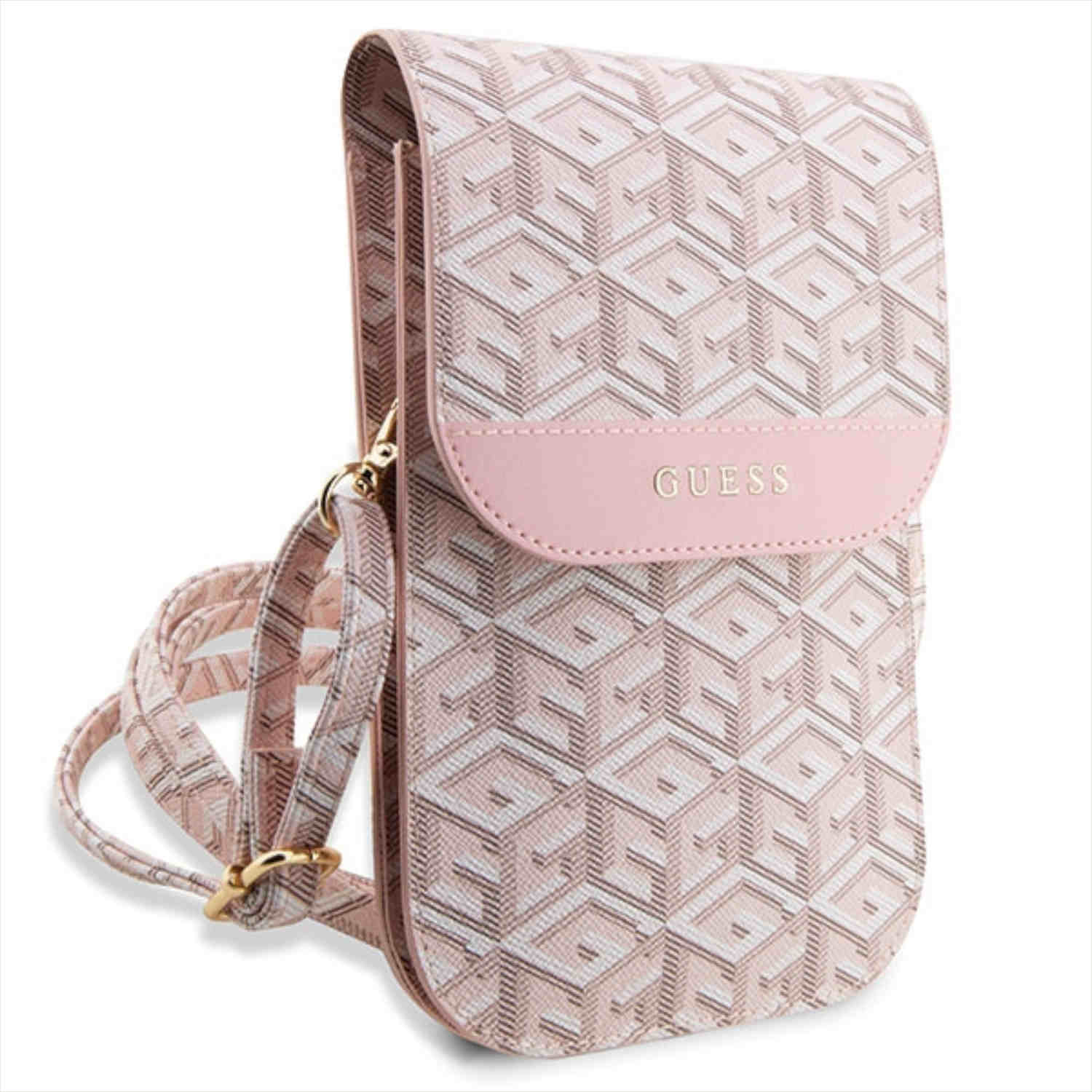 Rosa GUESS Umhängetasche für Telefone mit sich wiederholendem geometrischen Muster, goldener Kette und rosa Riemen.