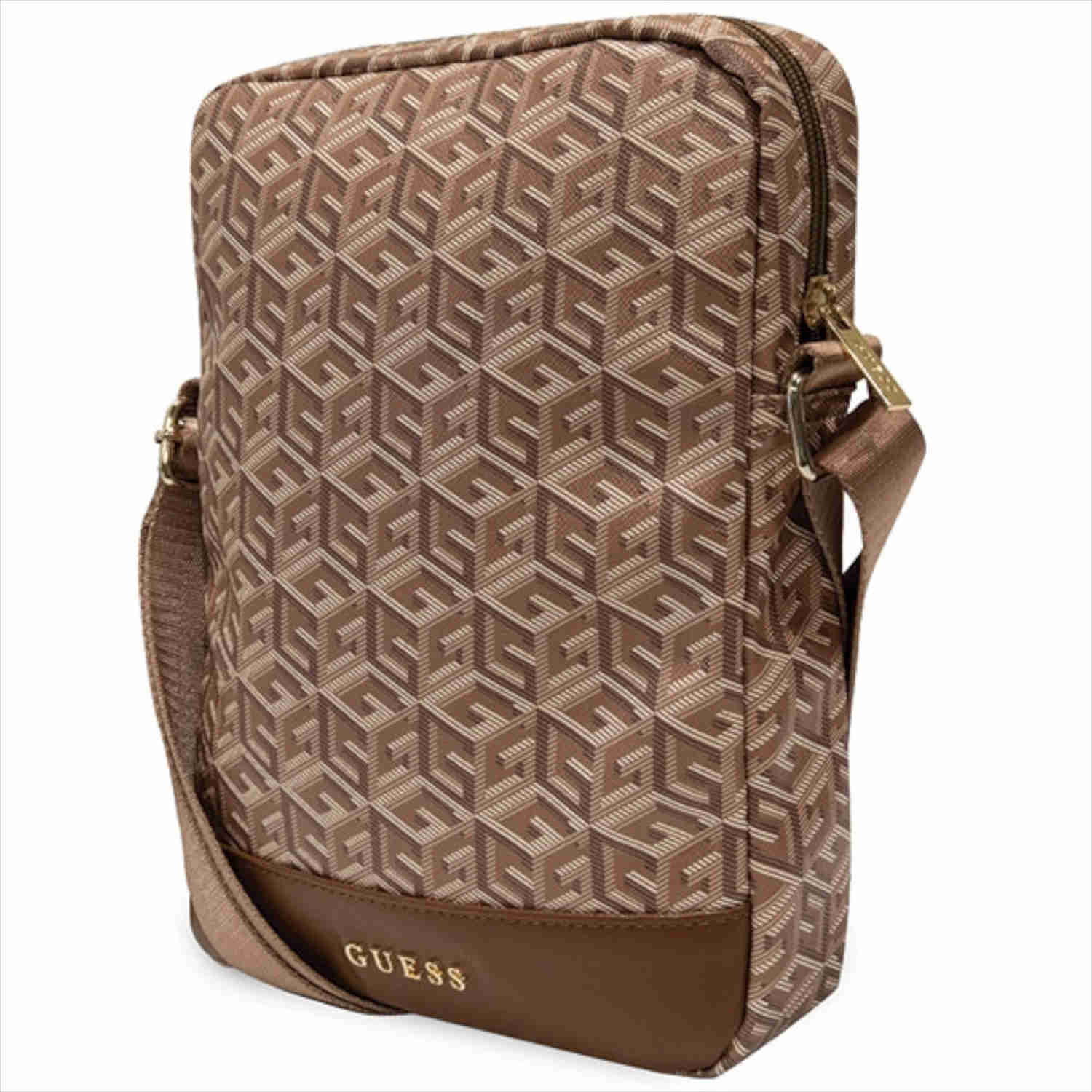 Borsa a tracolla Guess marrone. Ha un motivo geometrico ripetuto in una tonalità di marrone più chiara.