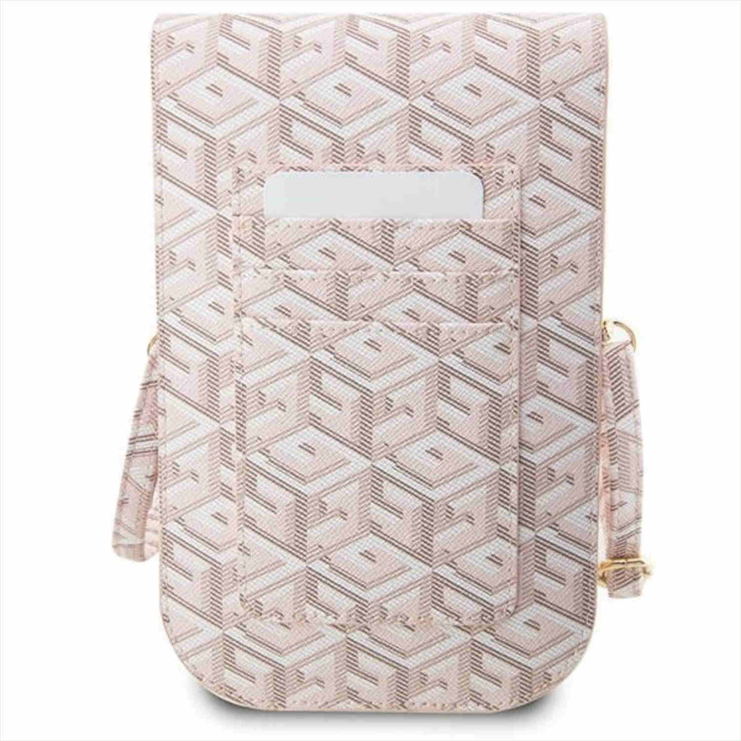 Eine rosa Umhängetasche mit Muster. Sie hat eine Vordertasche und einen Schultergurt.