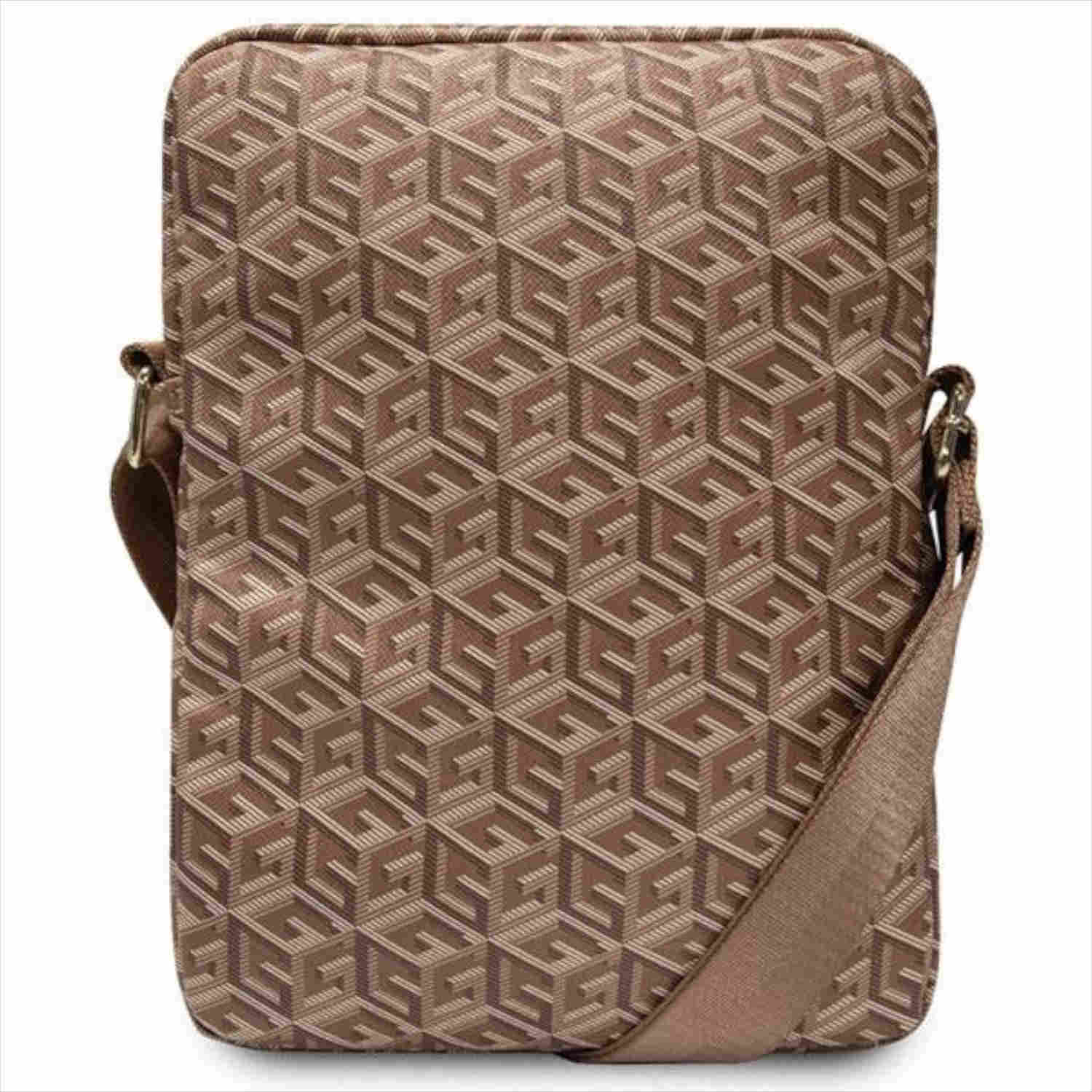 Borsa marrone con motivo ripetuto, con tracolla, su sfondo bianco.