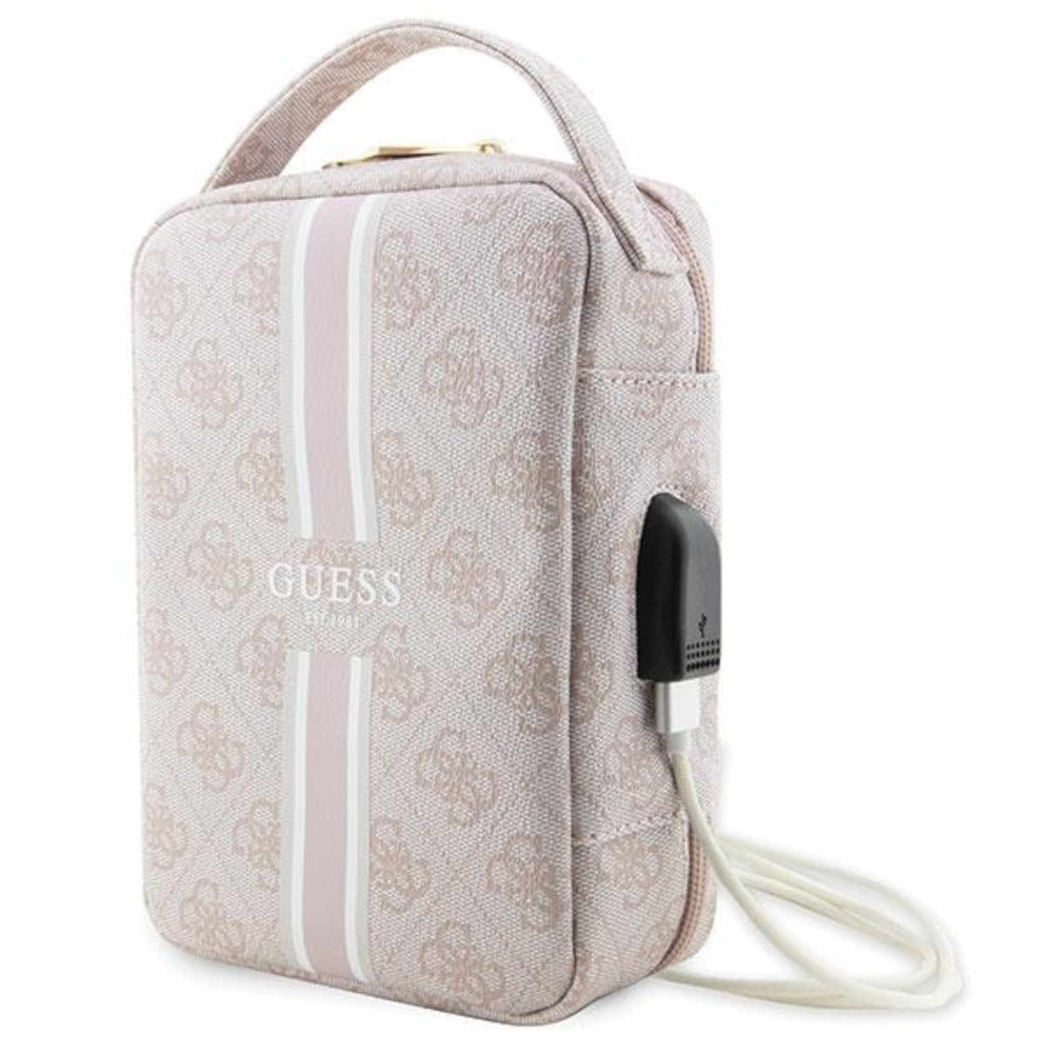Rosa Guess Tasche mit weißen und rosa Streifen. Guess-Logo sichtbar. Griff und USB-Anschluss.