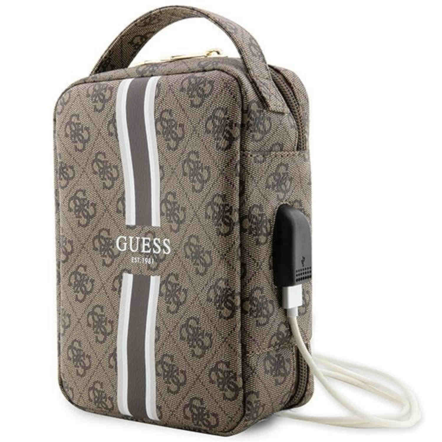 Borsa Guess marrone e bianca con manico e cavo caricatore. Sfondo bianco.