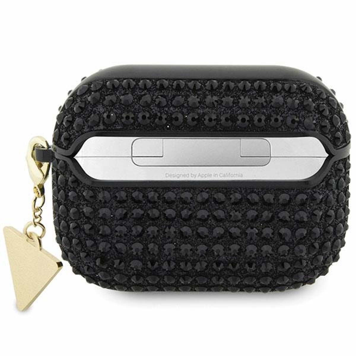 Schwarzes AirPod-Etui mit schwarzen Strasssteinen und einem goldenen Anhänger auf weißem Untergrund.