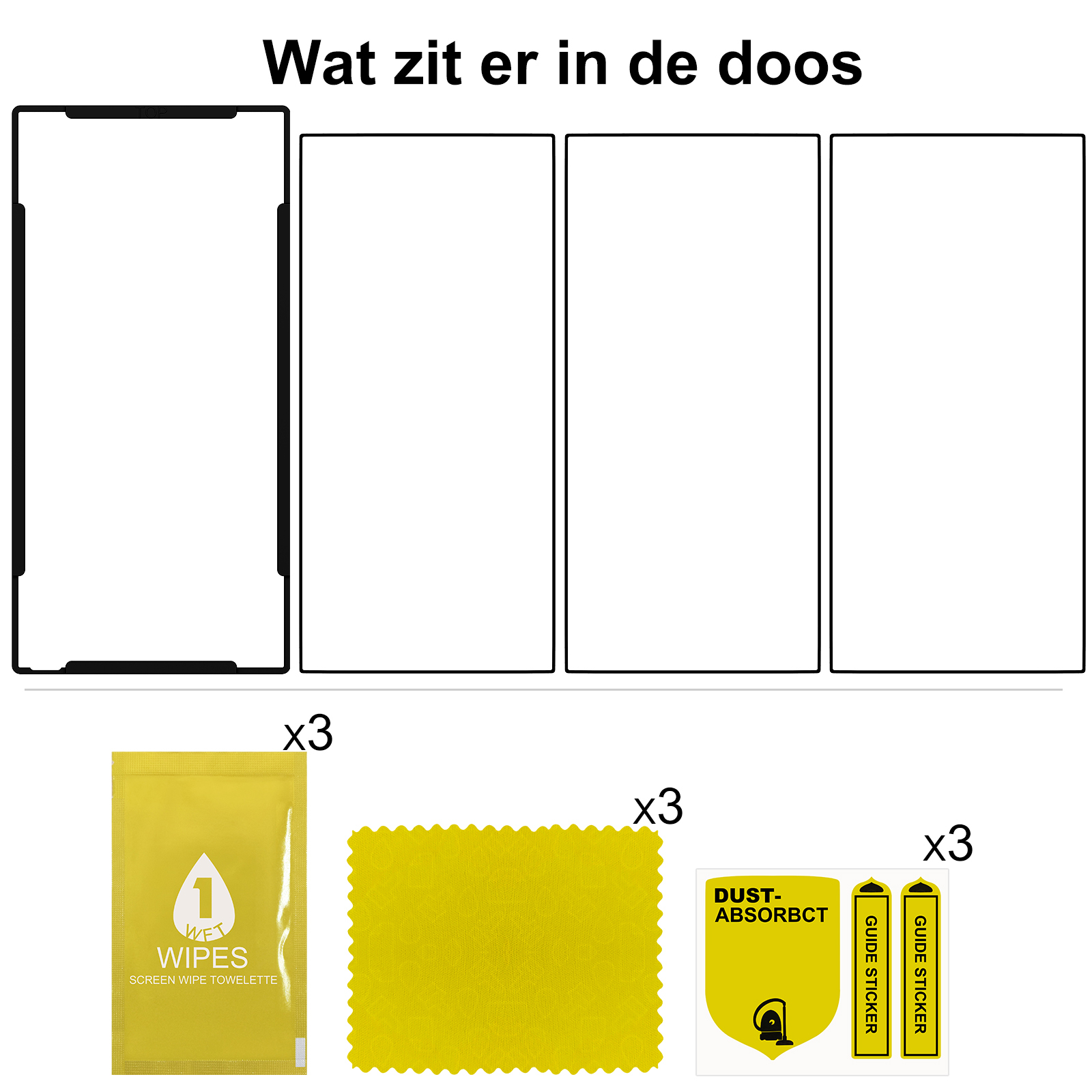 Vier Displayschutzfolien, Tücher und Reinigungstuch.